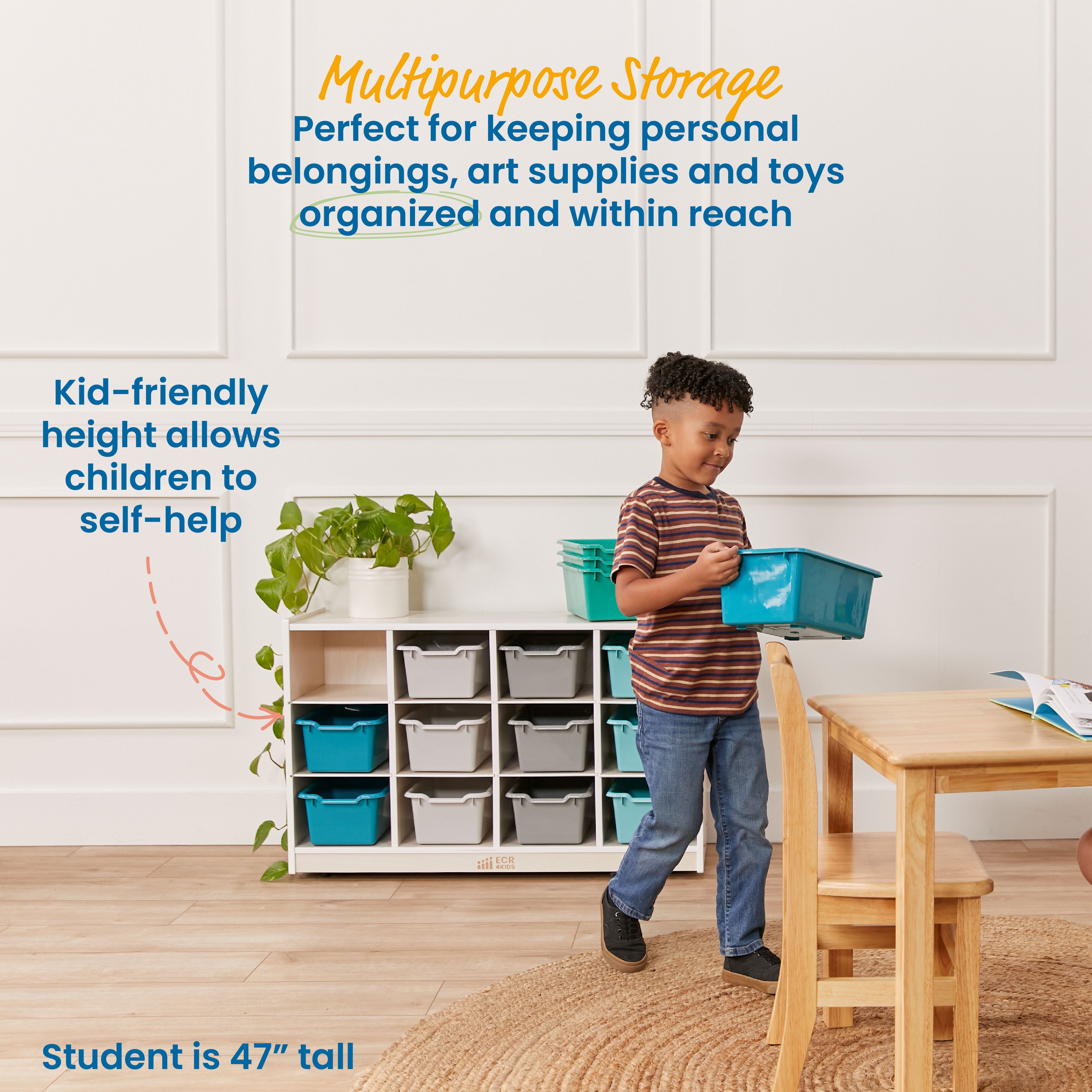 12 Cubby Mobile Tray Cabinet with 15 Scoop Front Storage Bins, 3x4, White Wash