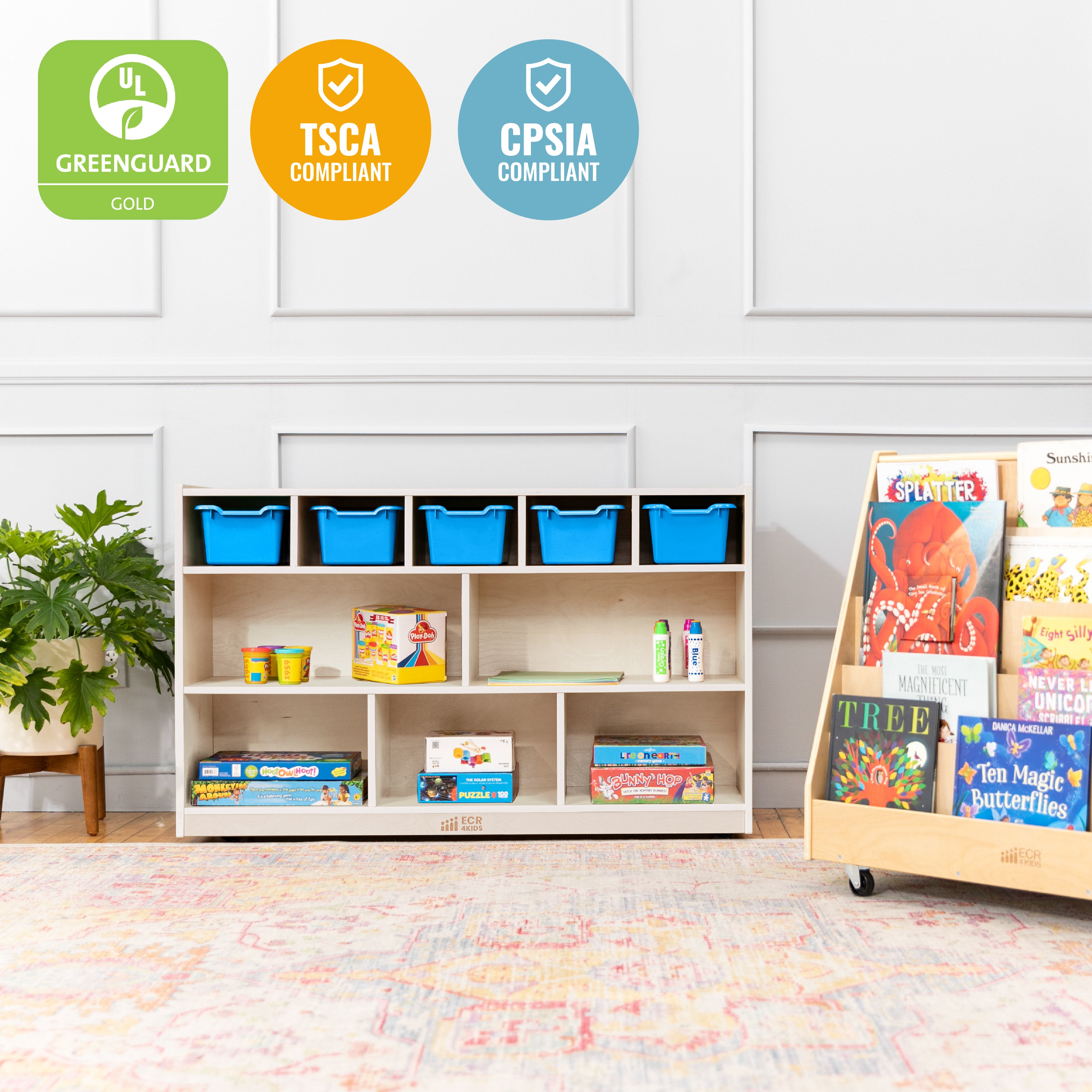 5+5 Mobile Storage and Tray Cabinet with 5 Scoop Front Bins, White Wash