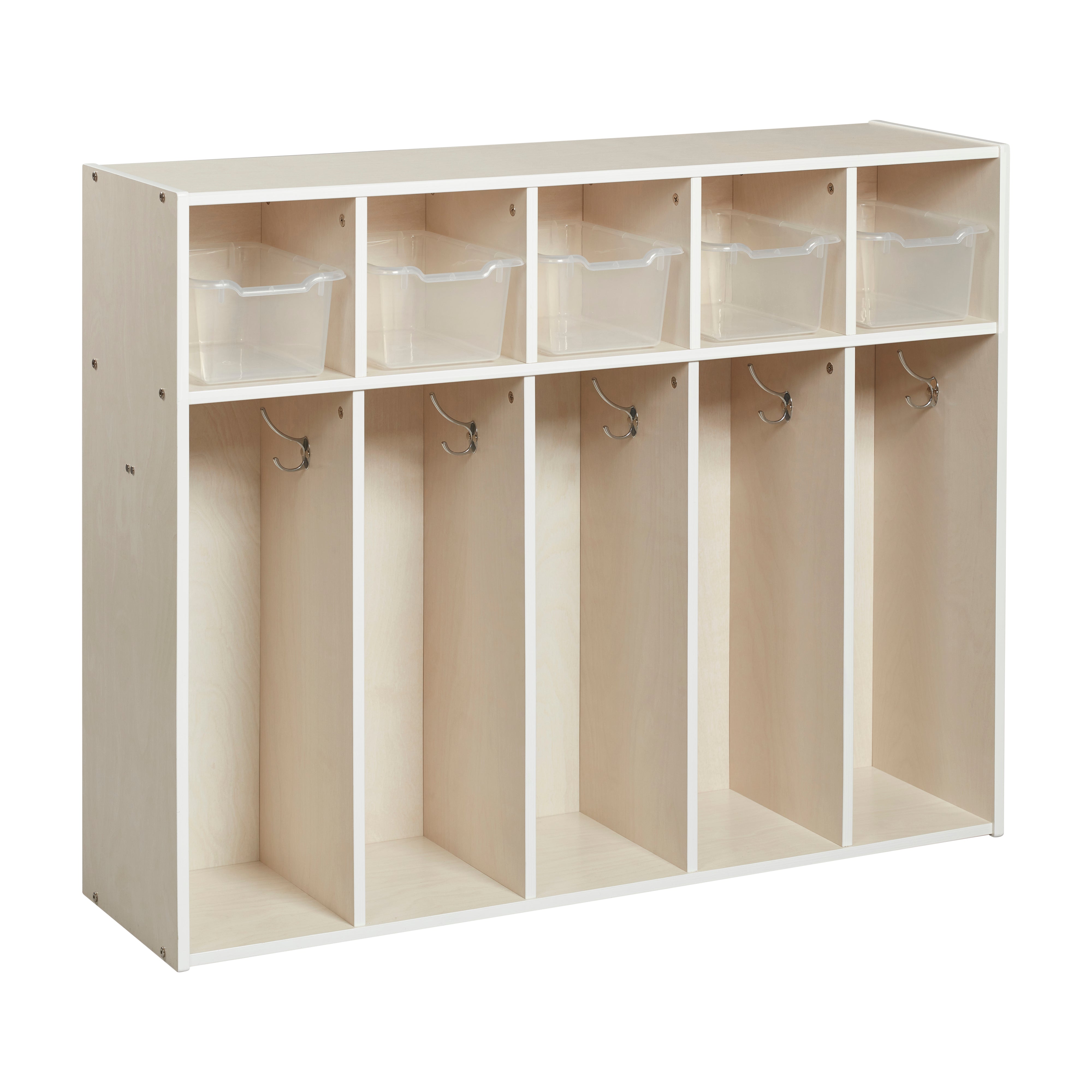 Streamline 5-Section Coat Locker with Scoop Front Storage Bins, Toddler Size, White Wash