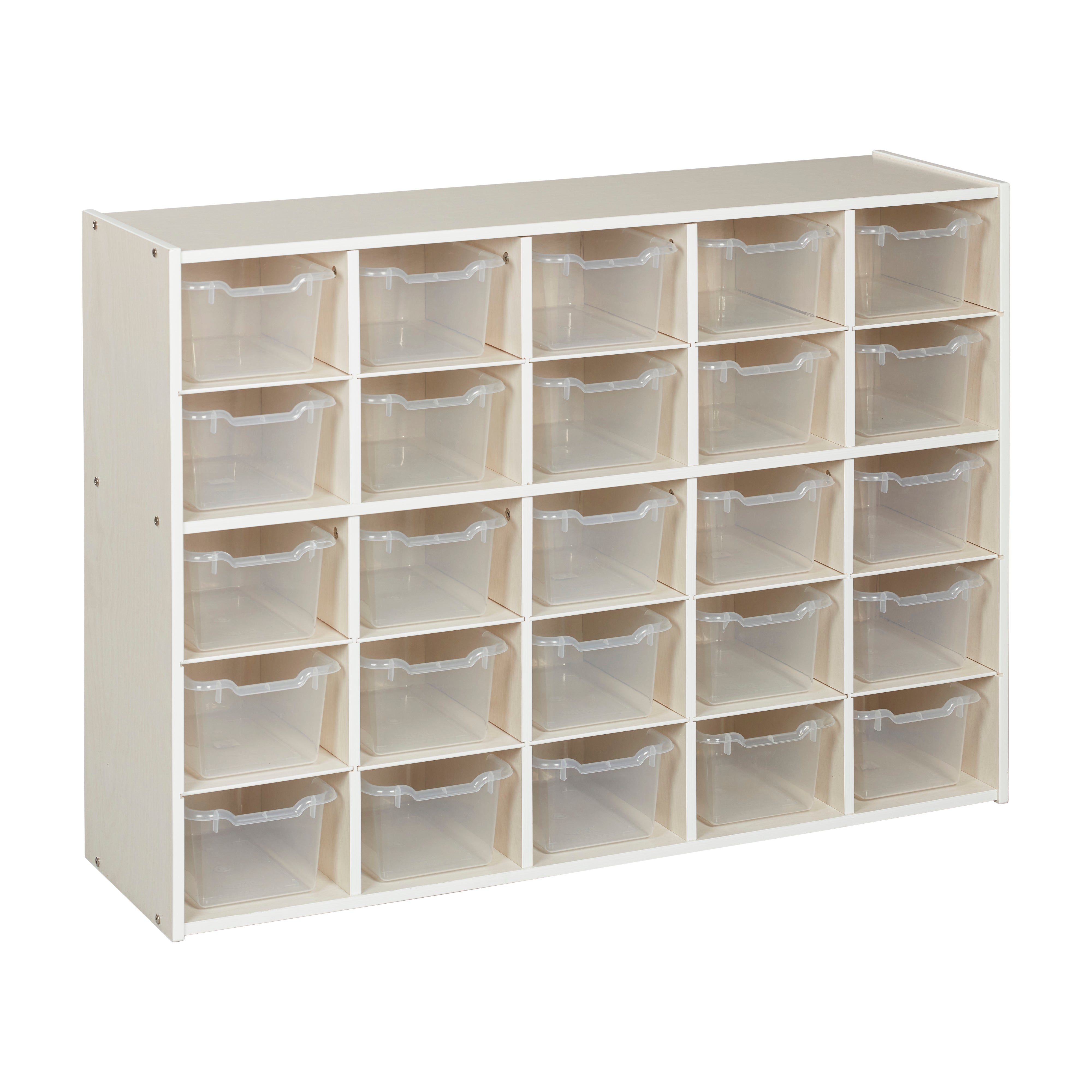 Streamline 25 Cubby Tray Cabinet with 25 Scoop Front Storage Bins, 5x5, White Wash