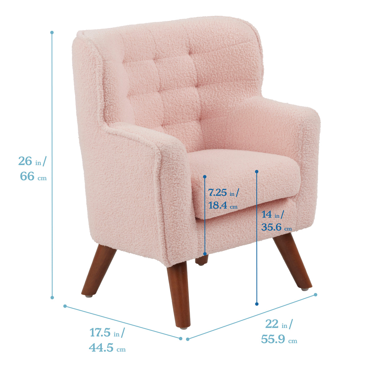 Gray sherpa toddler armchair with tufted back, rolled arms, and wooden legs, shown with dimensions.