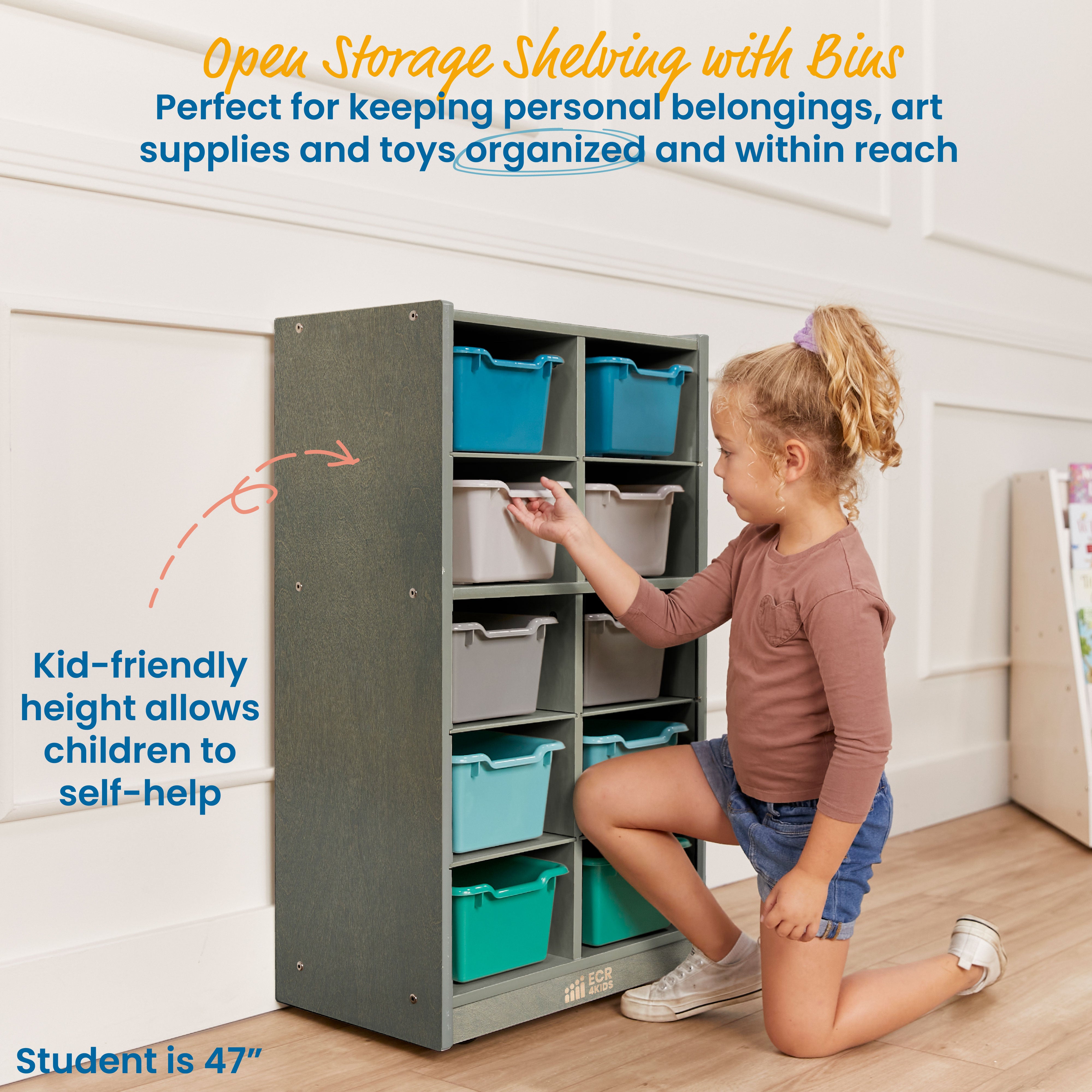 10 Cubby Mobile Tray Cabinet with 10 Scoop Front Storage Bins, 5x2, Grey Wash