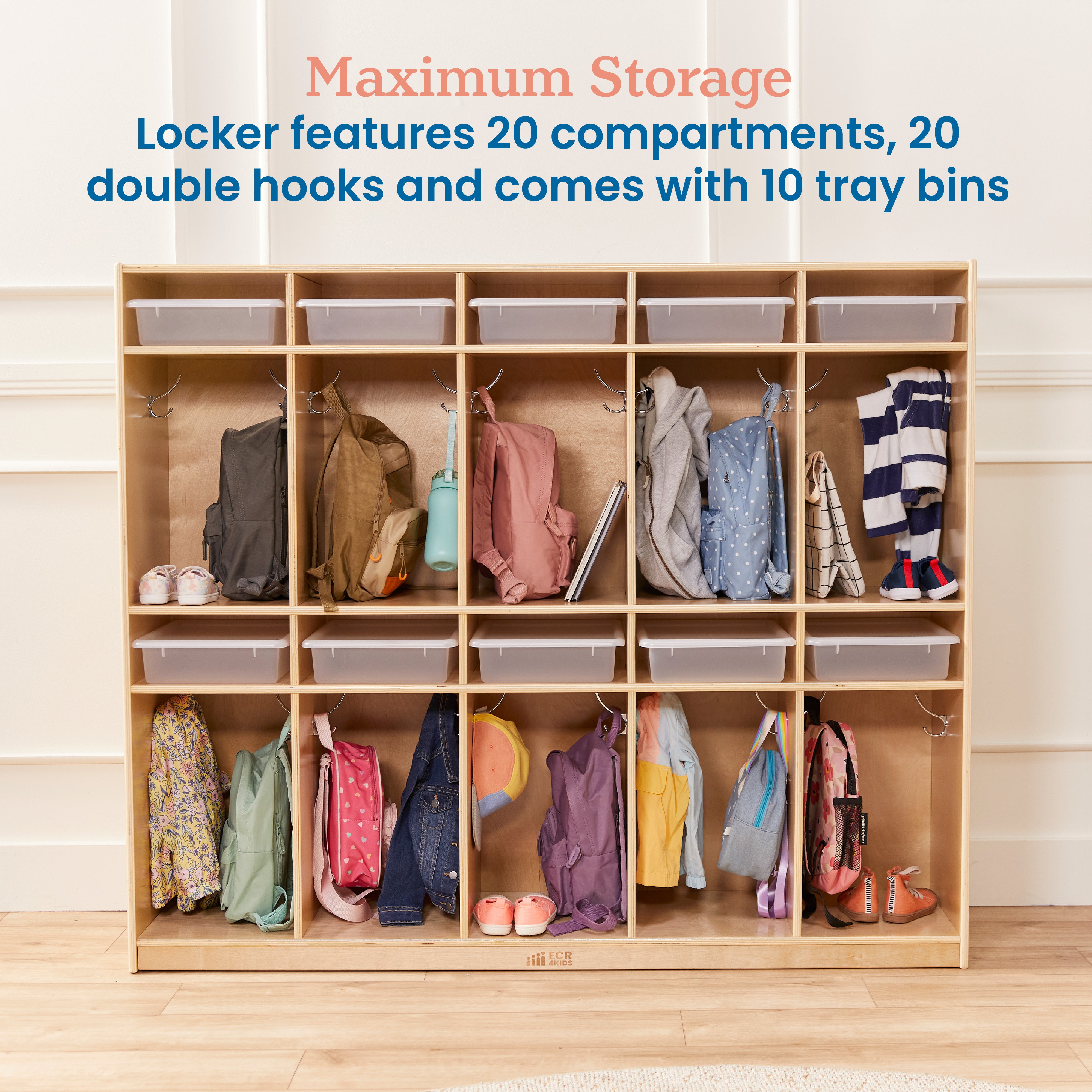 10-Section Storage Locker and Letter Size Trays with Lids, Natural, Classroom Furniture