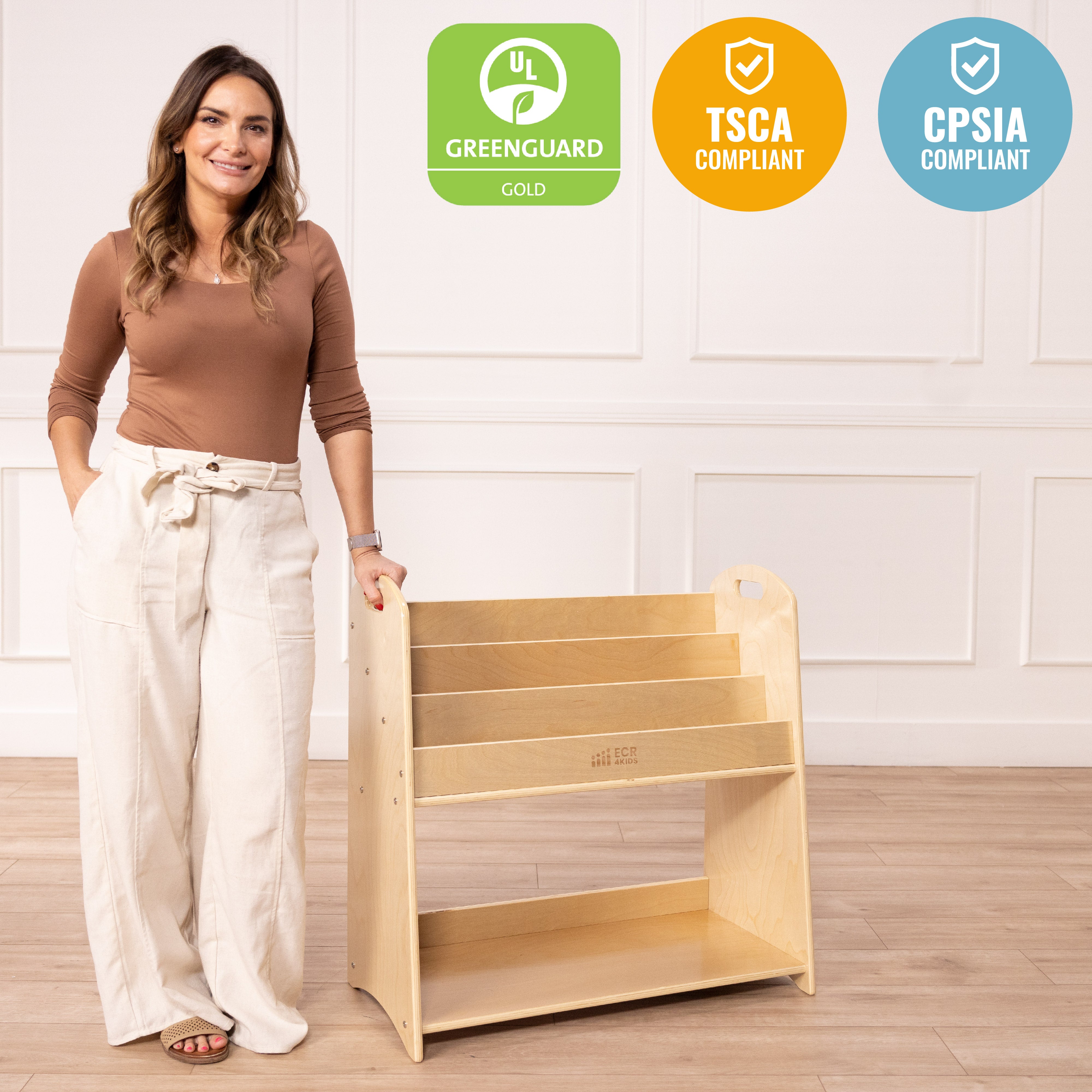 3-Shelf Floor Book Display with Handles and Storage, 30in