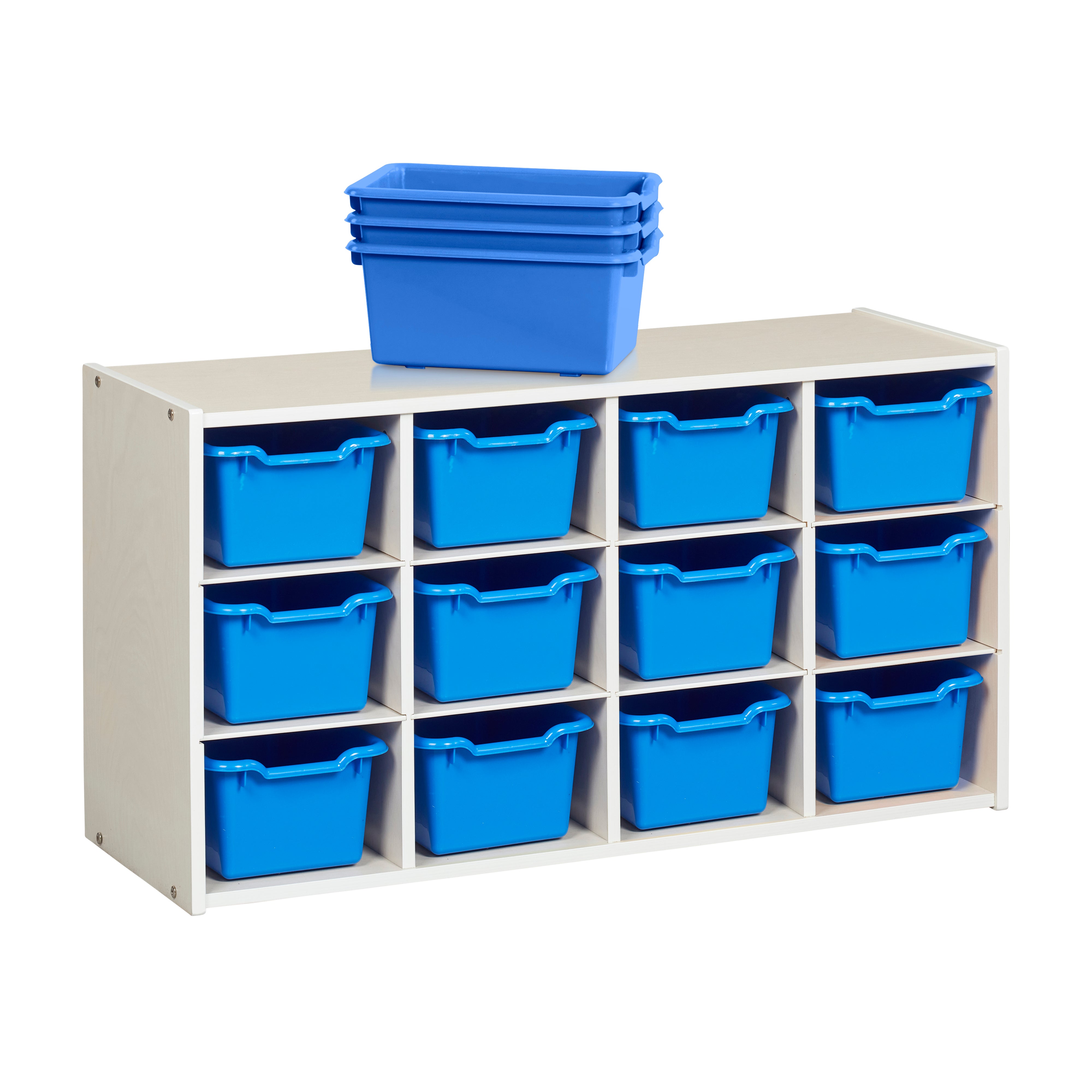 Streamline 12 Cubby Tray Cabinet with 15 Scoop Front Storage Bins, 3x4, White Wash