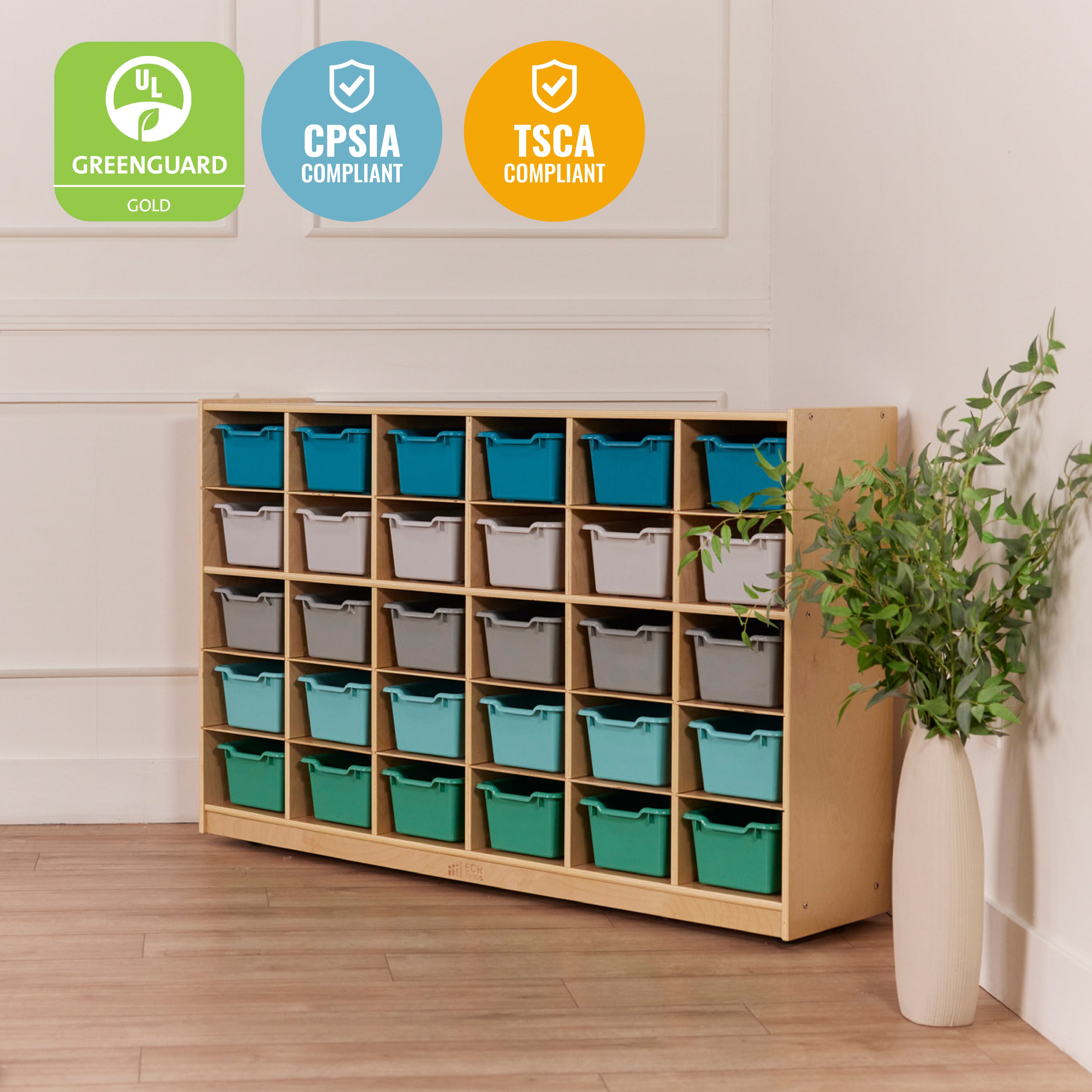 30 Cubby Mobile Tray Cabinet with 30 Scoop Front Storage Bins, 5x6, Natural