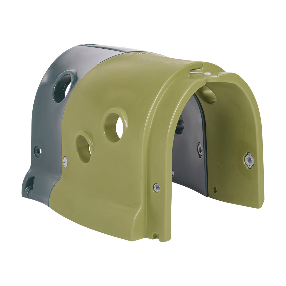Two blue plastic tunnel sections with circular cutouts and metal connectors for extending play structures.