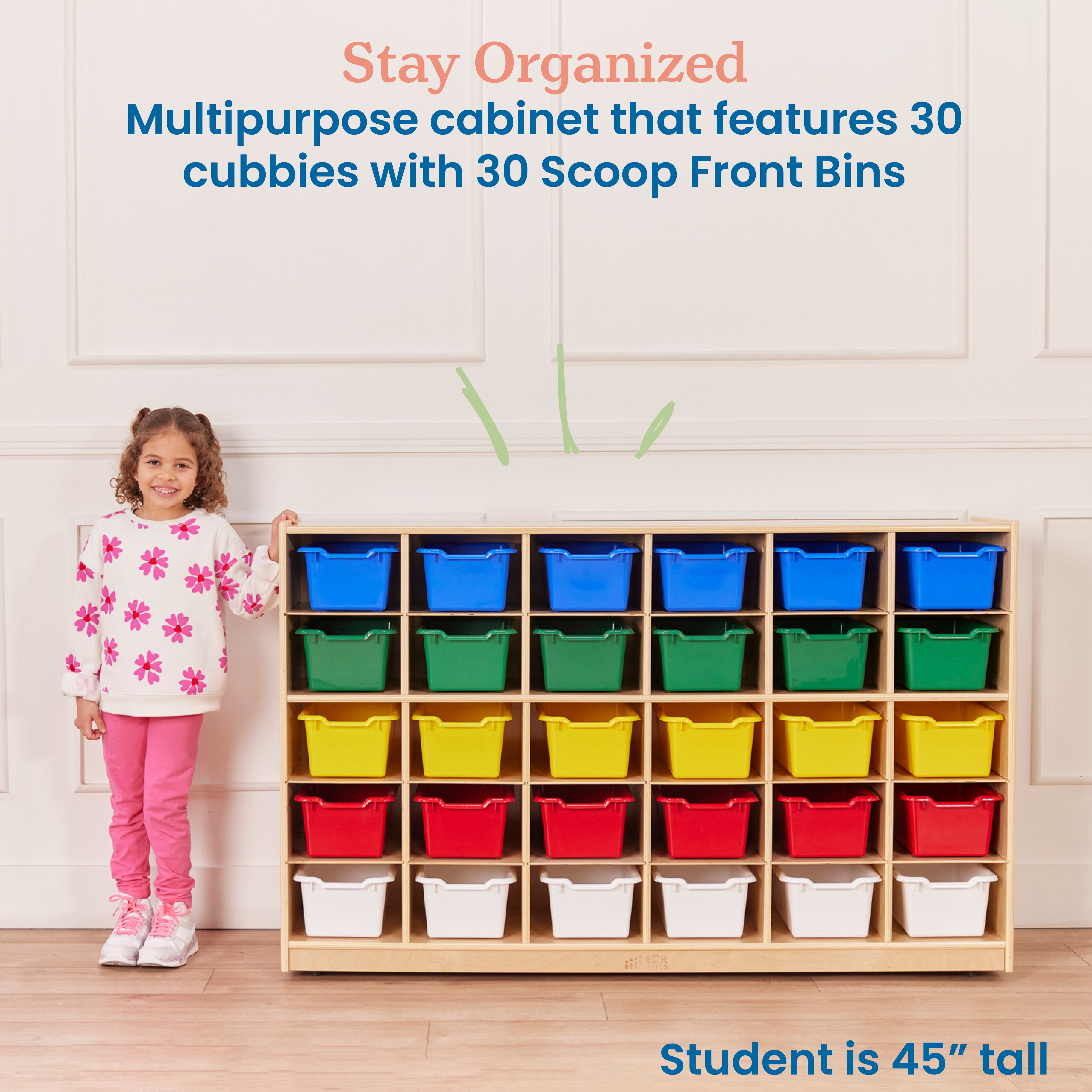 30 Cubby Mobile Tray Cabinet with 30 Scoop Front Storage Bins, 5x6, Natural