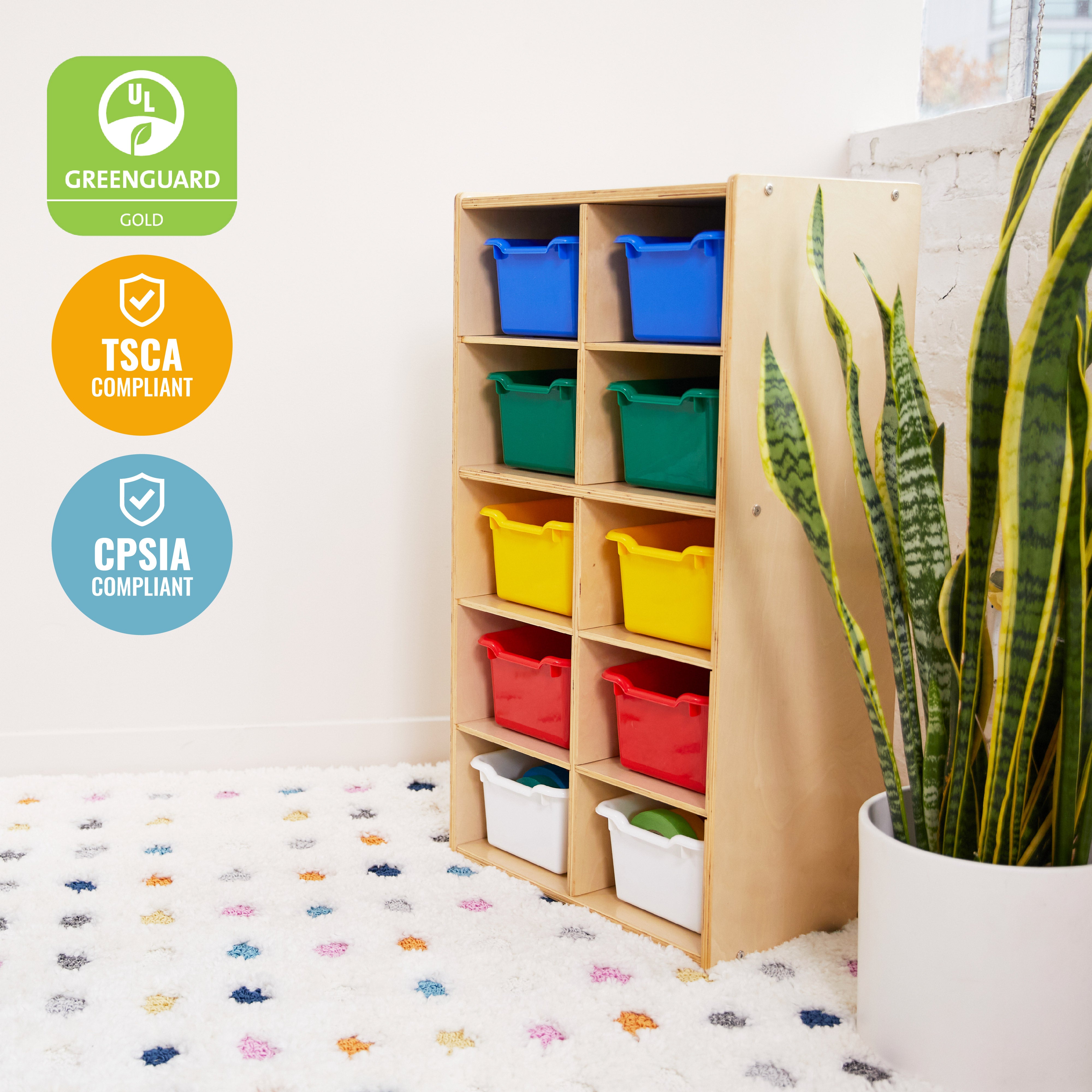 Streamline 10 Cubby Tray Cabinet with 10 Scoop Front Storage Bins, 5x2, Natural