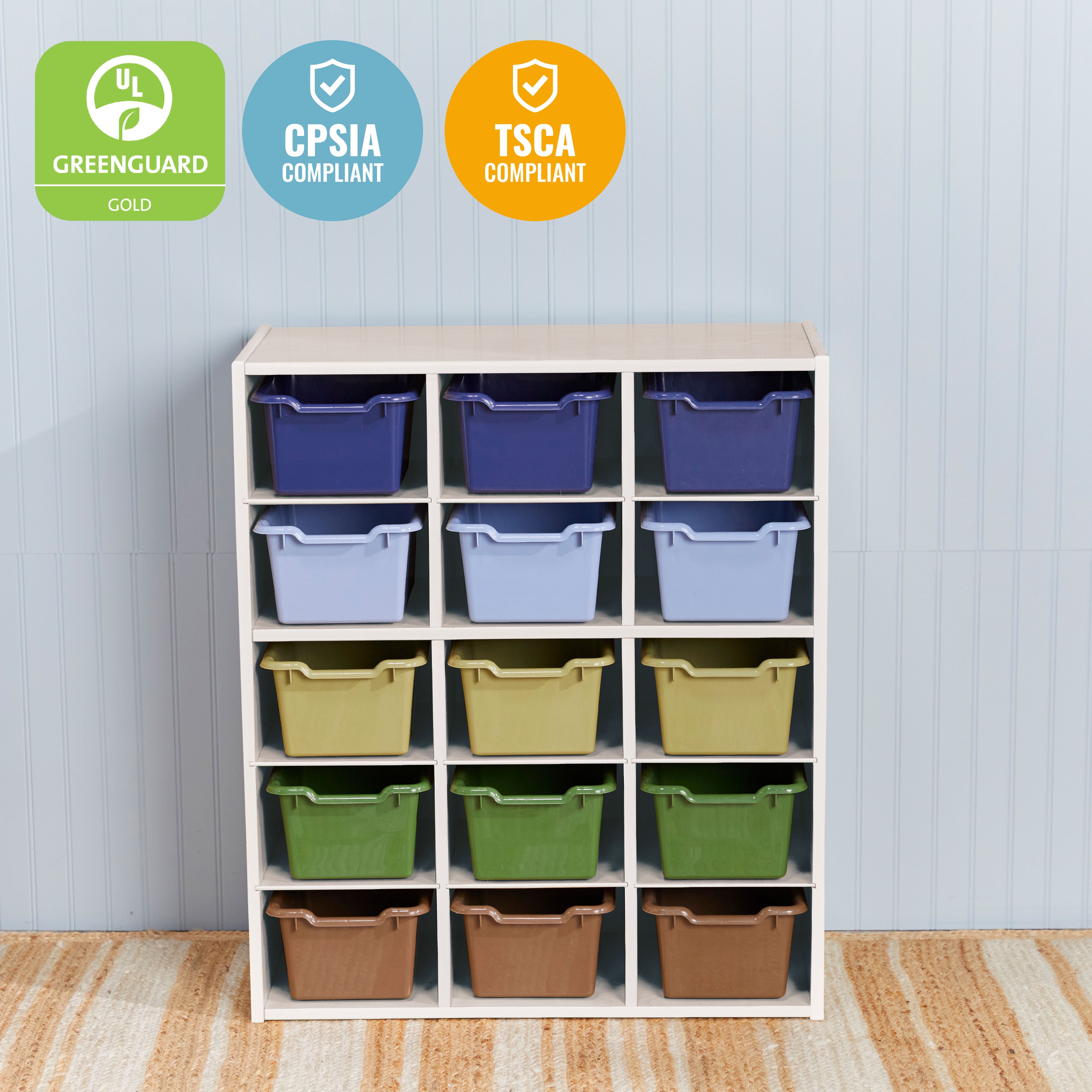 Streamline 15 Cubby Tray Cabinet with 15 Scoop Front Storage Bins, 5x3, White Wash