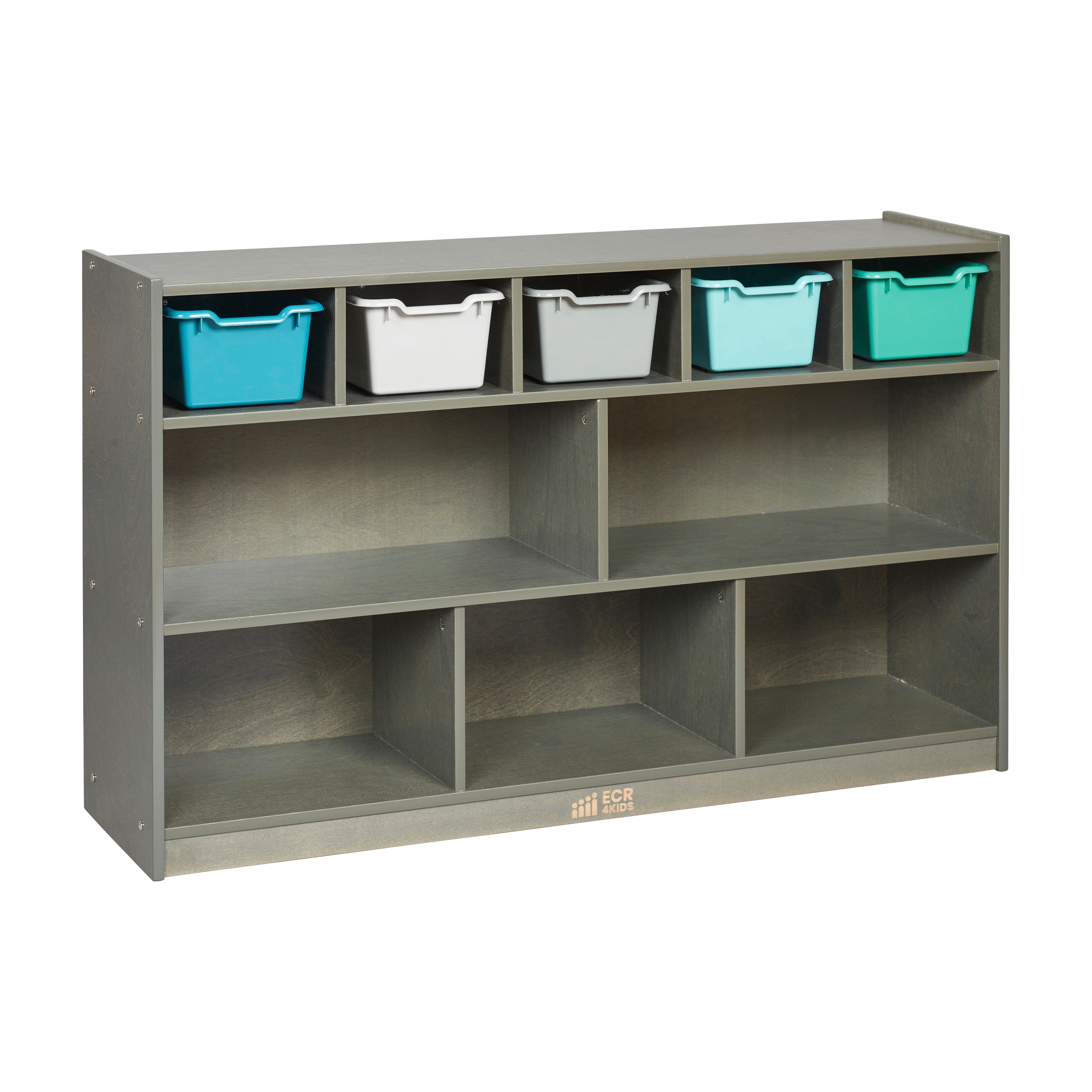 5+5 Mobile Storage and Tray Cabinet with 5 Scoop Front Bins, Grey Wash, Classroom Furniture