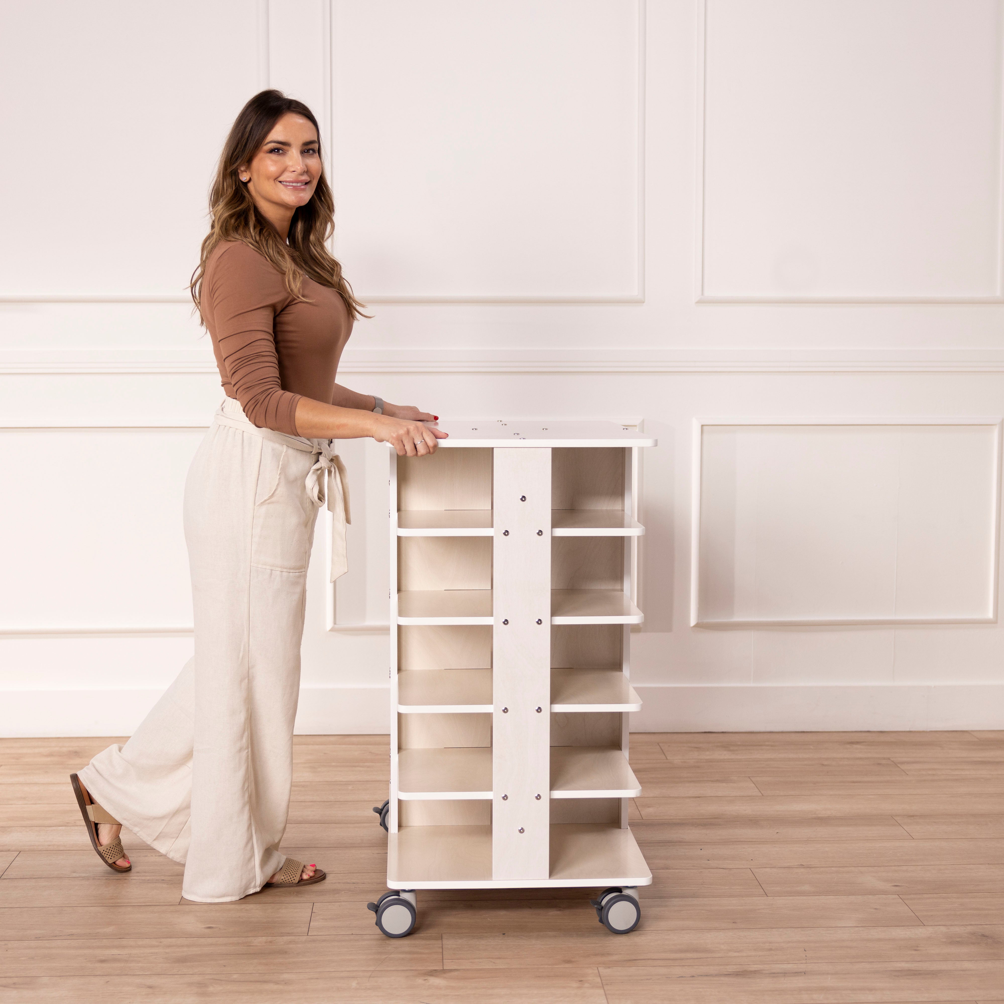 20-Compartment Mobile Storage Tower with Cubby Bins with Lids, 5x4, White Wash, Classroom Furniture