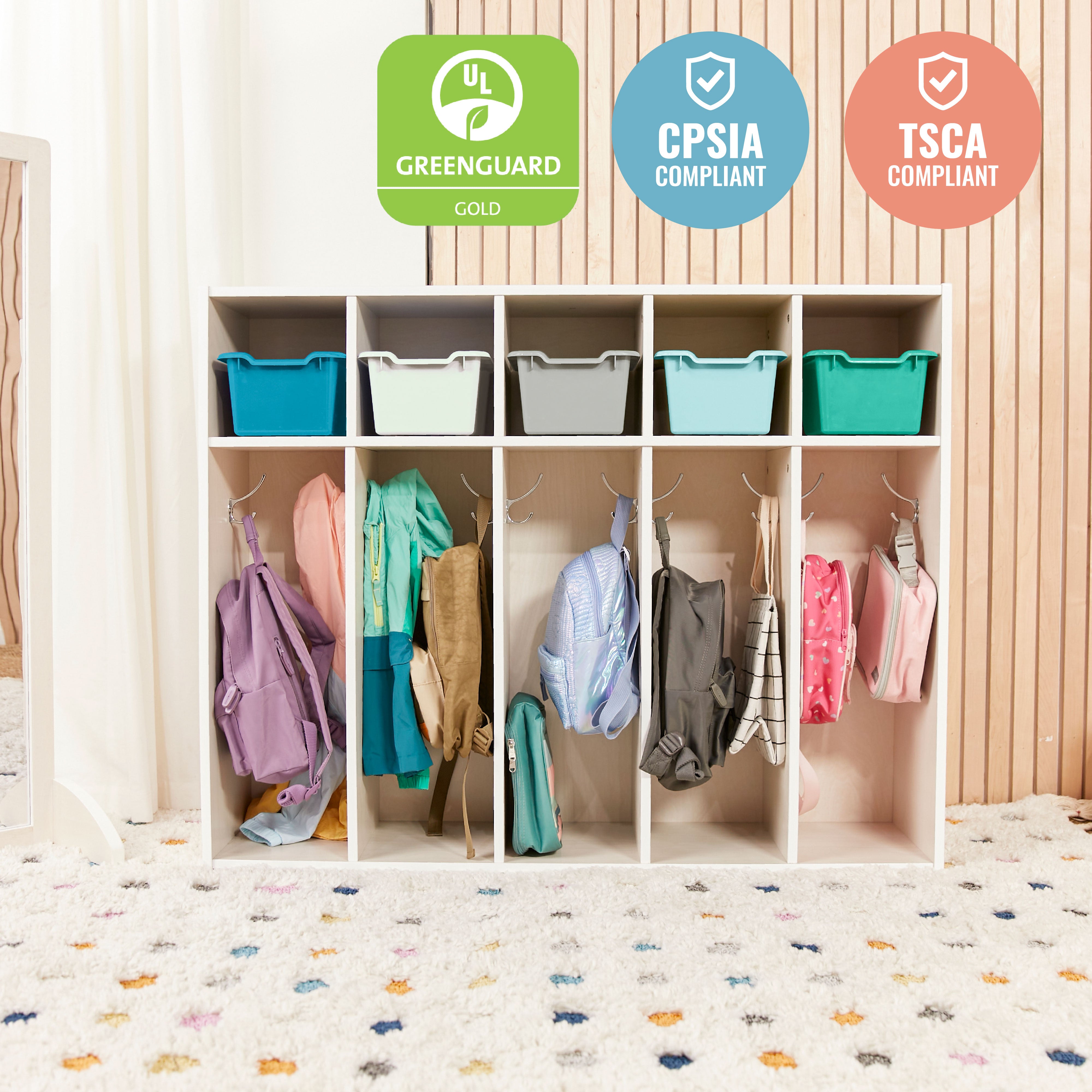 Streamline 5-Section Coat Locker with Scoop Front Storage Bins, Toddler Size, White Wash