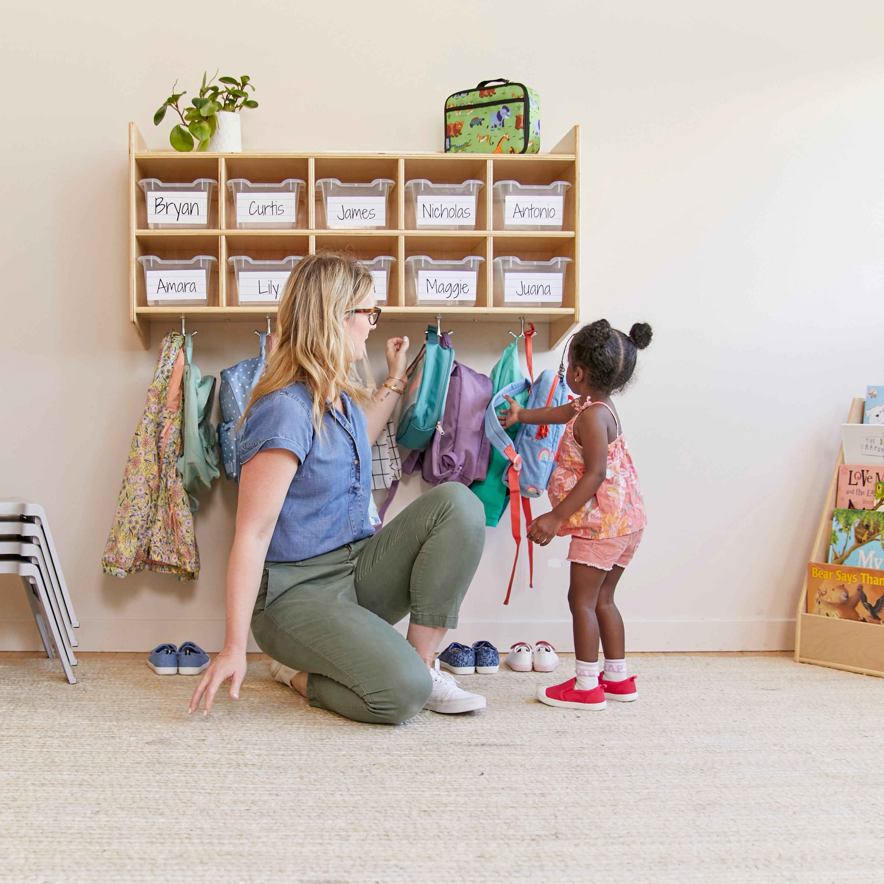 10-Section Hanging Coat Locker with Shelf and Scoop Front Storage Bins, Natural