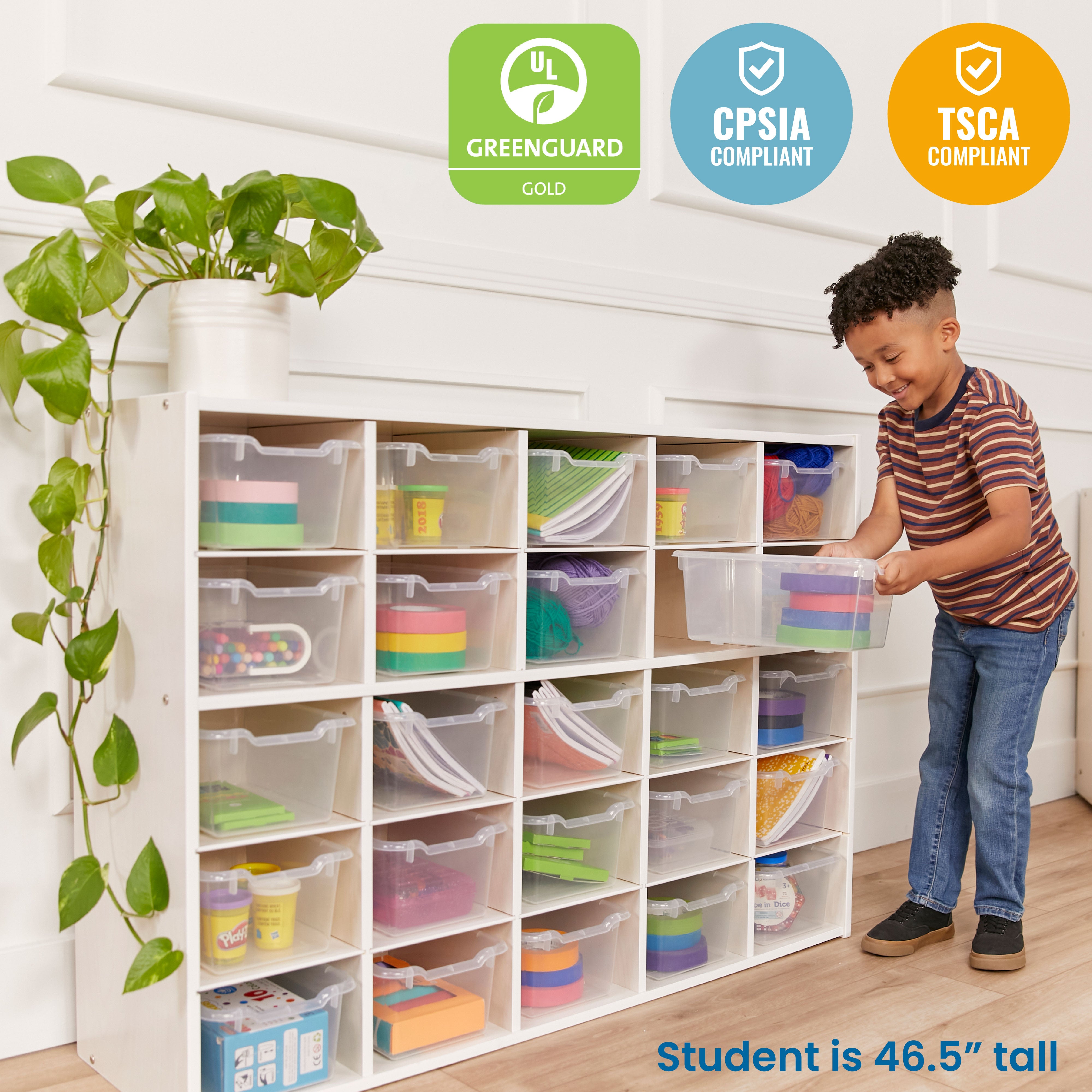 Streamline 25 Cubby Tray Cabinet with 25 Scoop Front Storage Bins, 5x5, White Wash