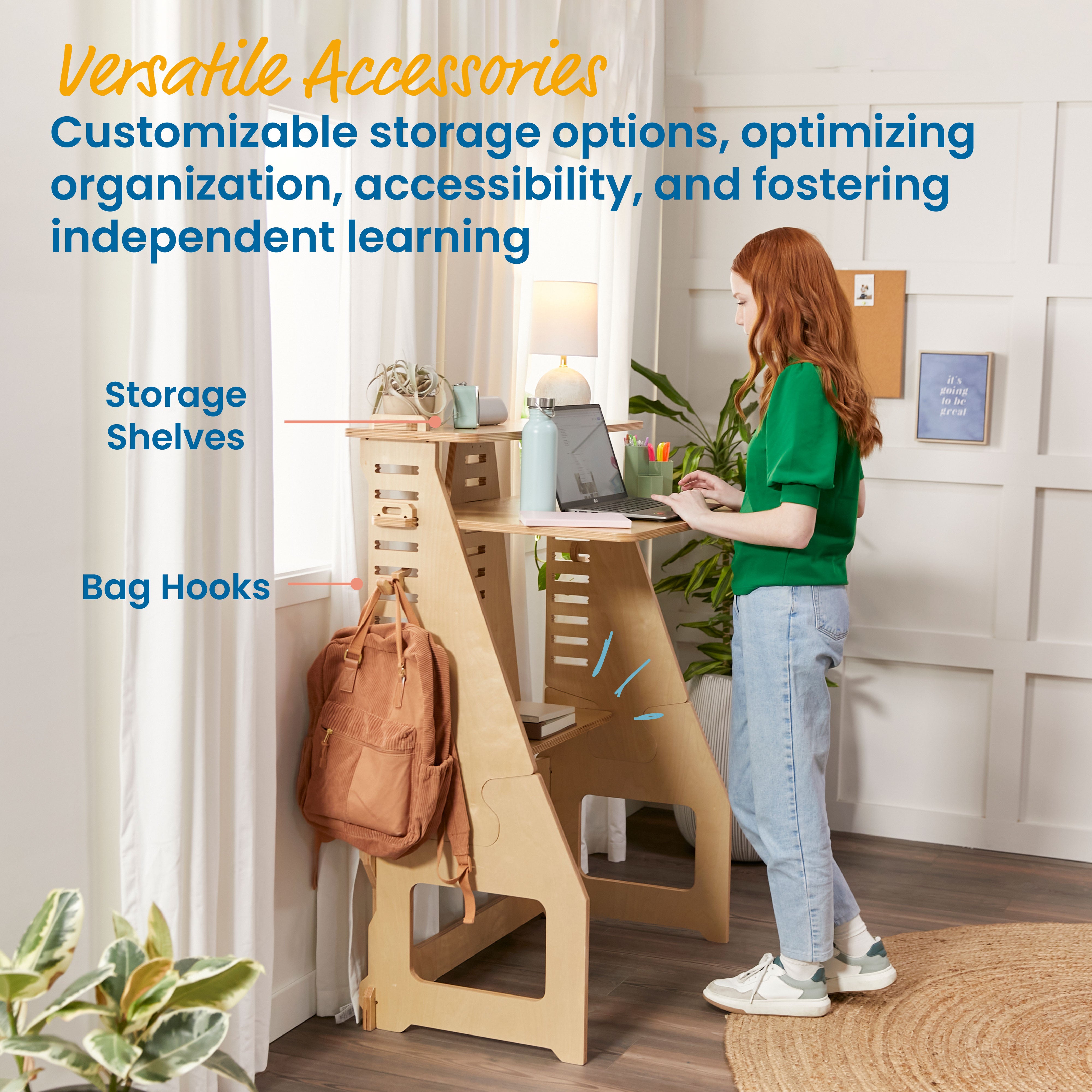 Home Learning Package with Adjustable Desk, Bookcase, Storage Cabinet with Bins and Floor Cushions
