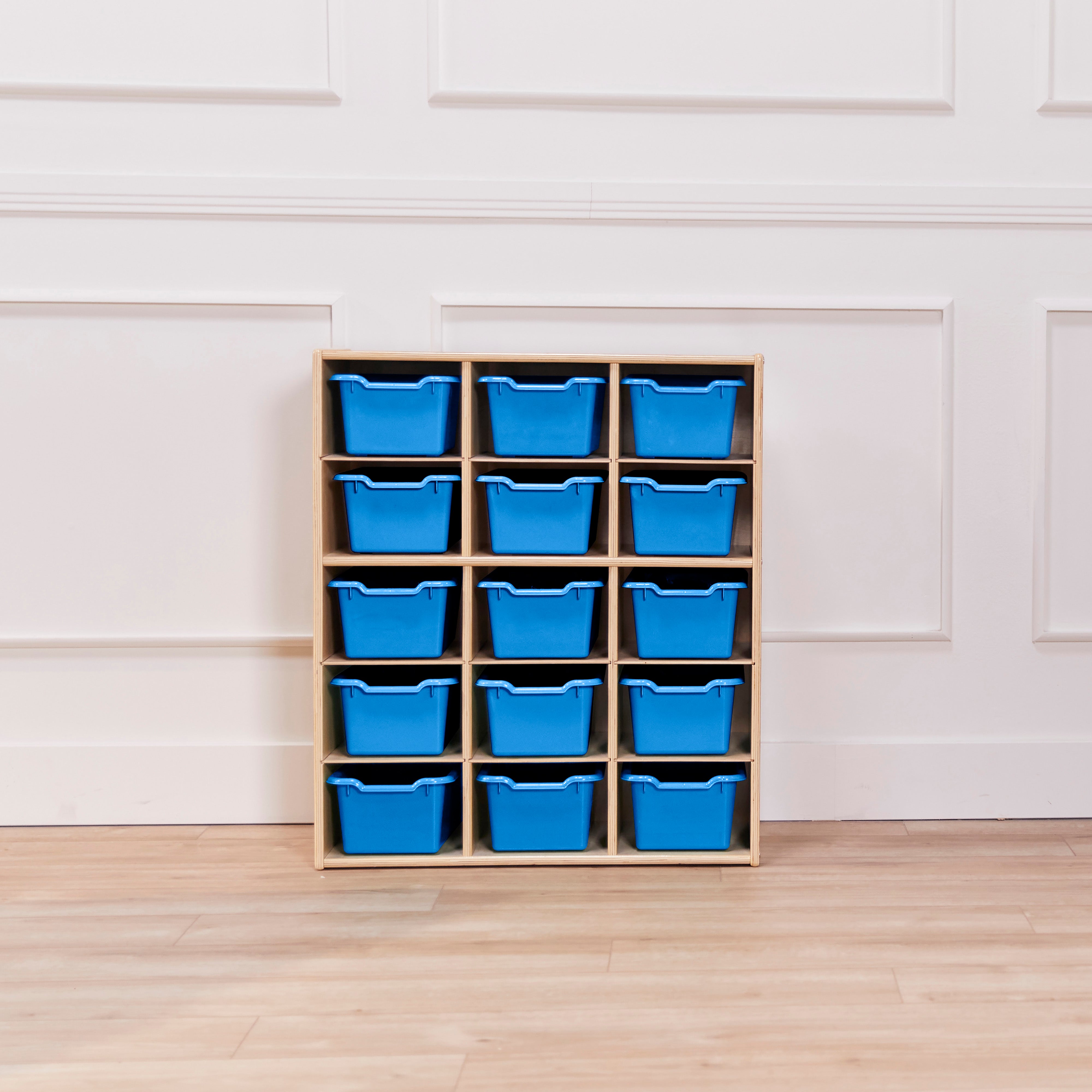 Streamline 15 Cubby Tray Cabinet with 15 Scoop Front Storage Bins, 5x3, Natural