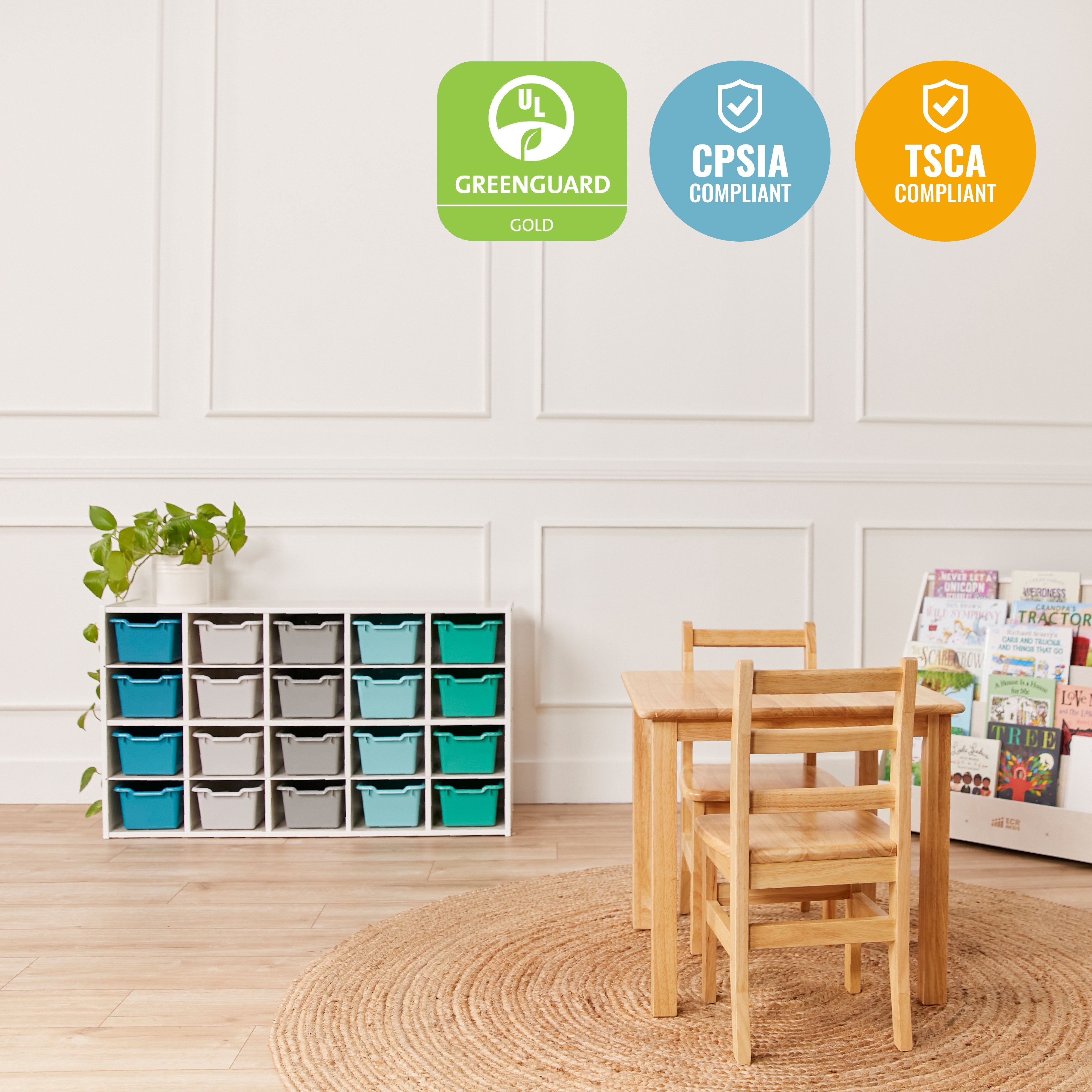 Streamline 20 Cubby Tray Storage Cabinet with 20 Scoop Front Storage Bins, 4x5, White Wash