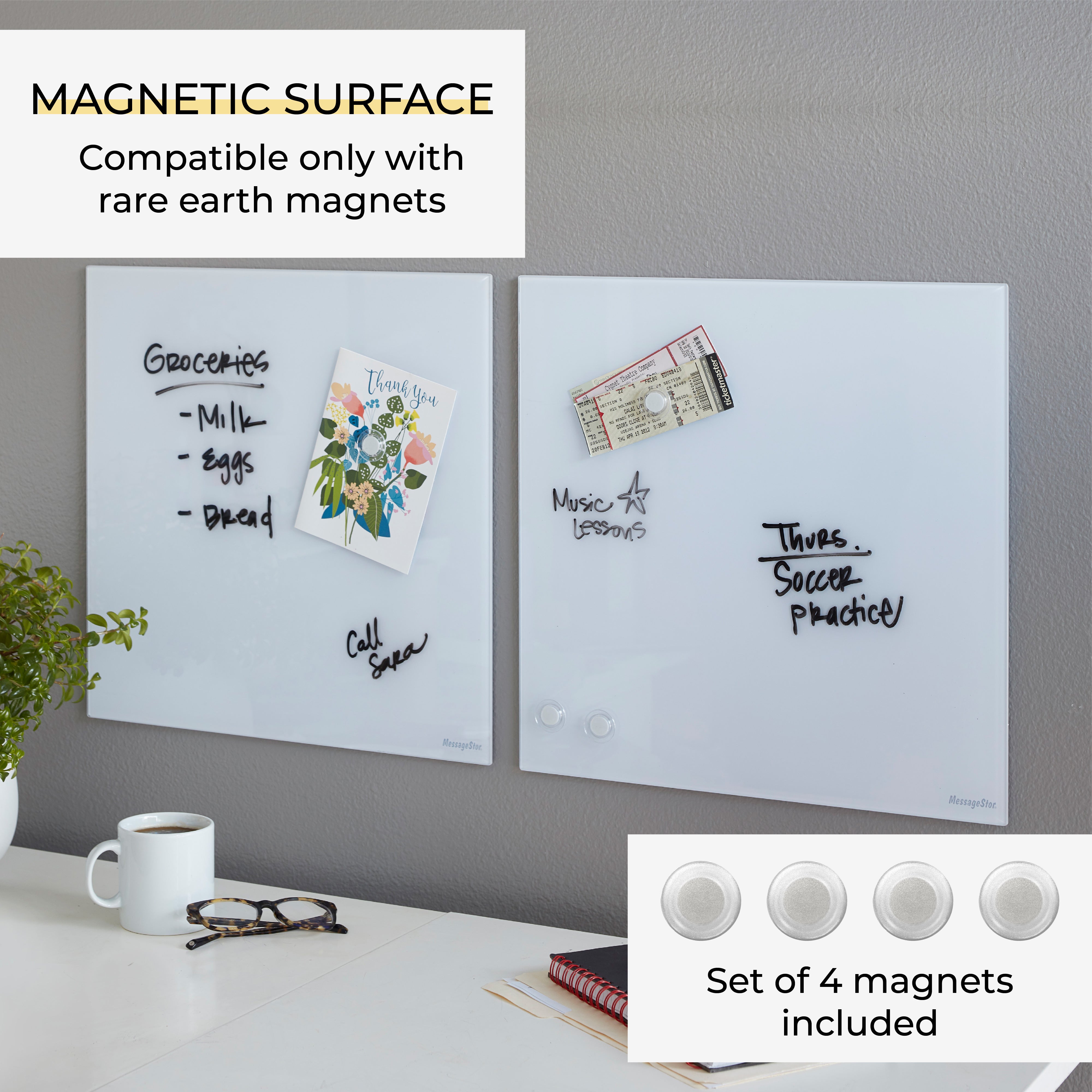 MessageStor Magnetic Dry-Erase Glass Board with Magnets, 17.5in x 17.5in, 2-Pack