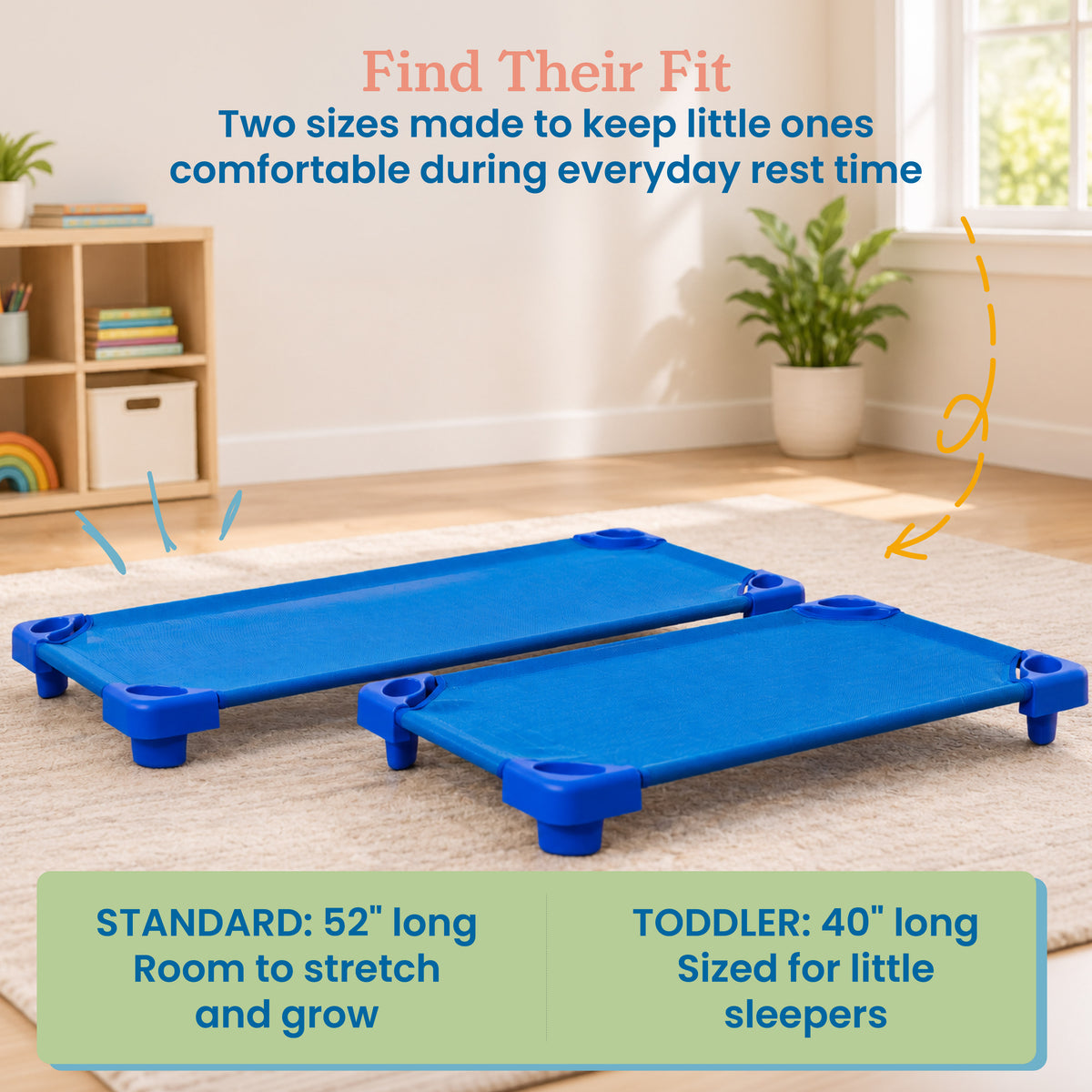 Two blue stackable toddler cots with blue corner legs displayed on a light floor in a bright room.