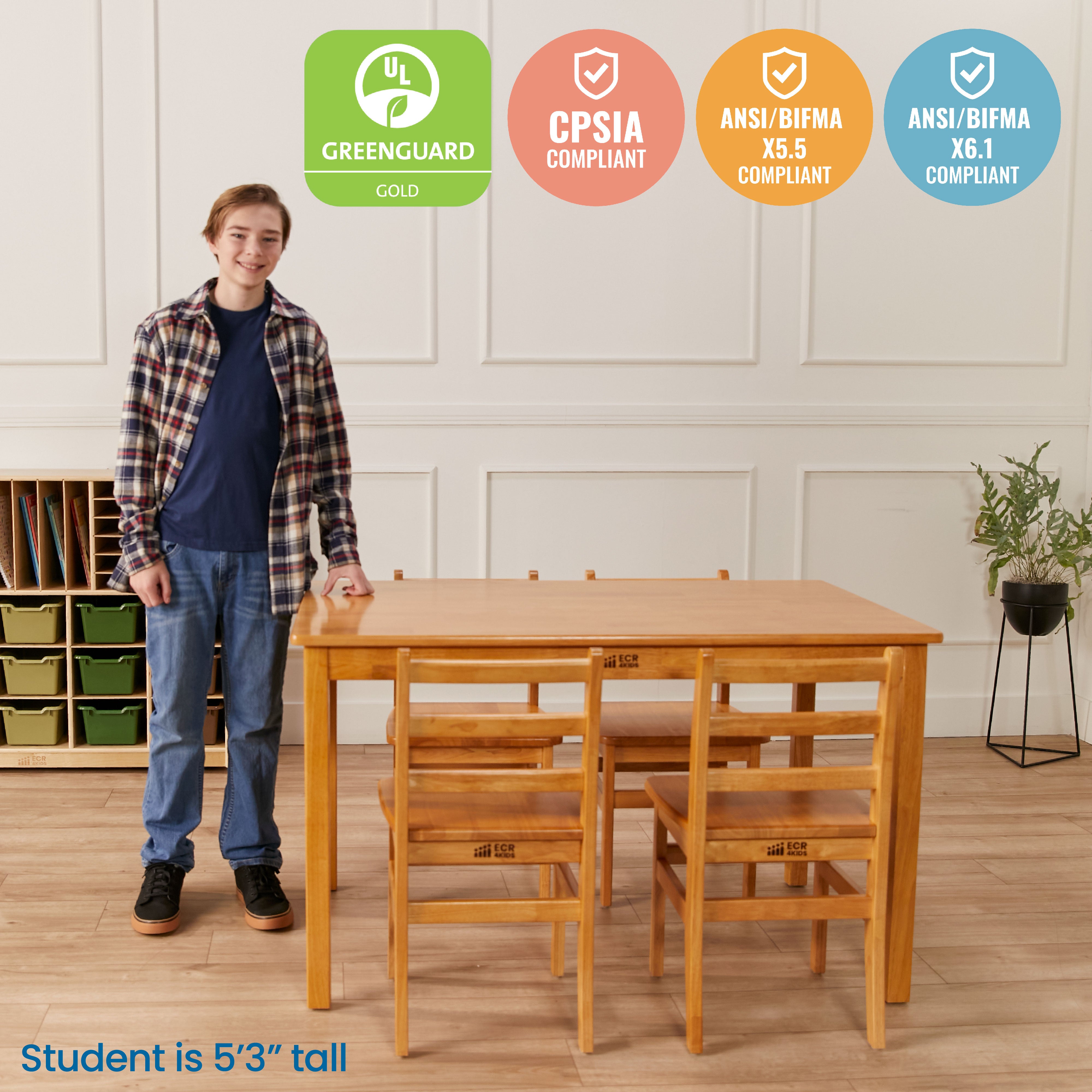 30in x 48in Rectangular Hardwood Table with 28in Legs and Four 16in Chairs, 5-Piece