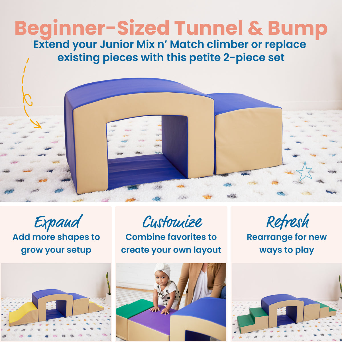 Toddler crawling through tan and blue foam tunnel and bump climbing structure with adult supervising nearby.
