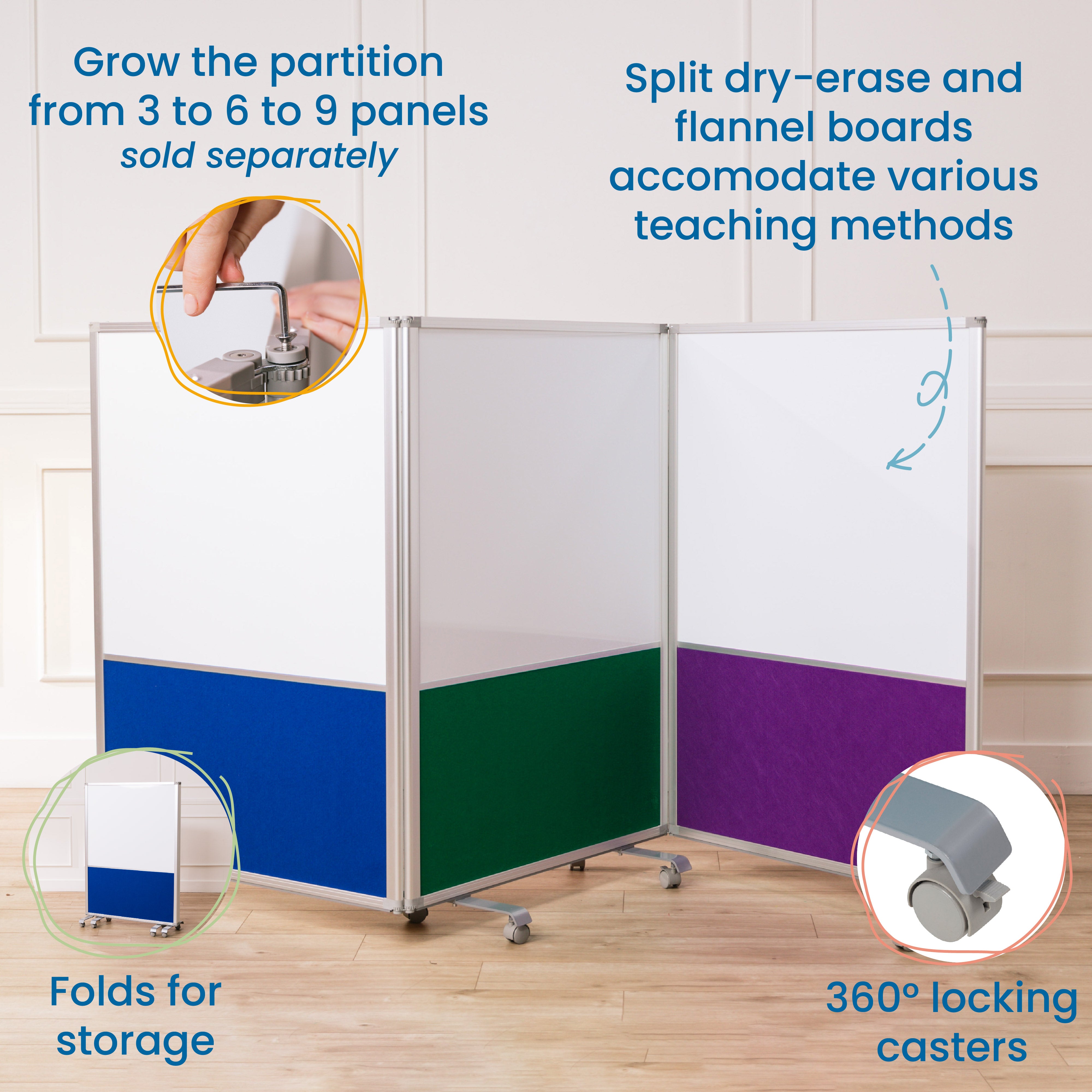 Mobile Dry-Erase and Flannel Split Room Divider, 3-Panel