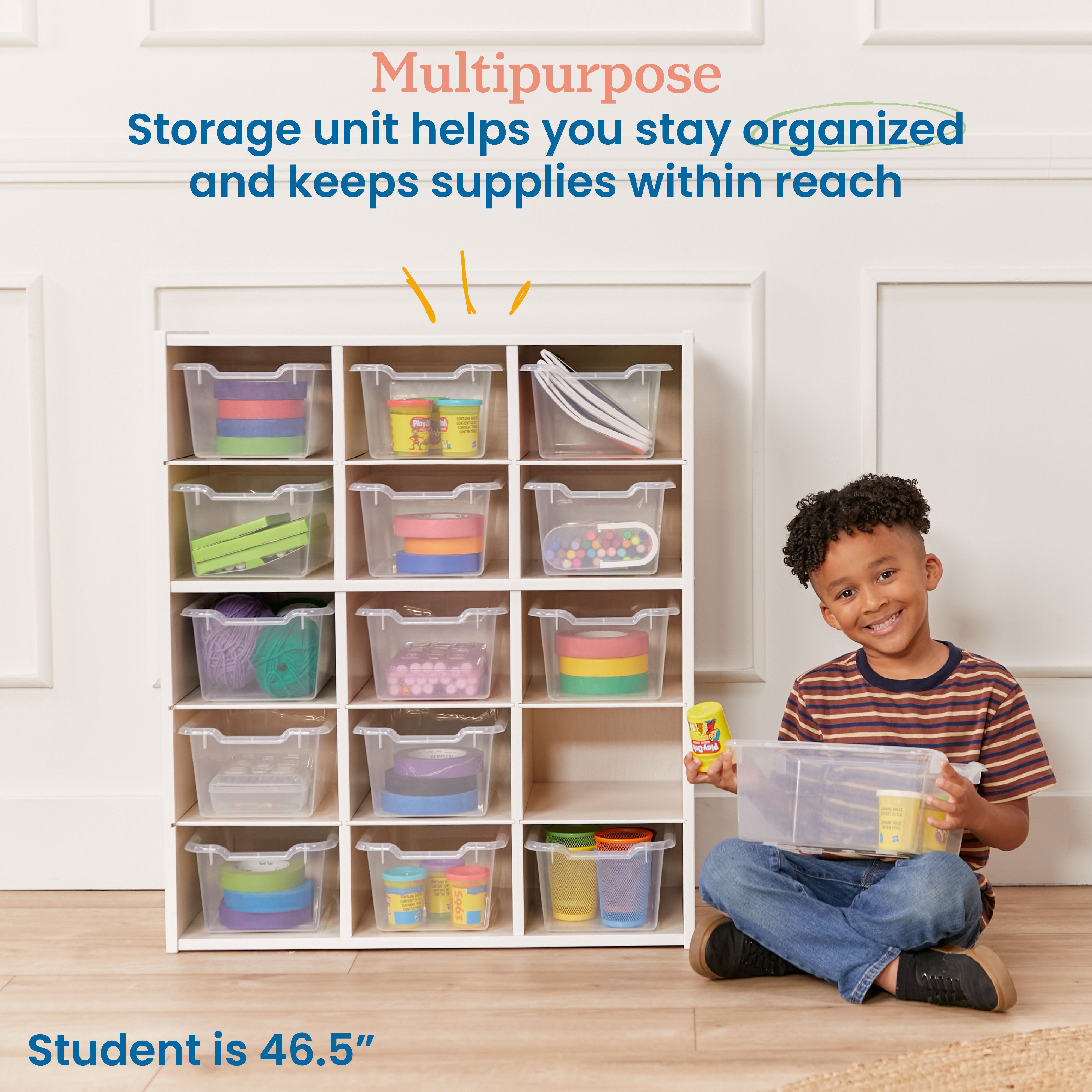 Streamline 15 Cubby Tray Cabinet with 15 Scoop Front Storage Bins, 5x3, White Wash