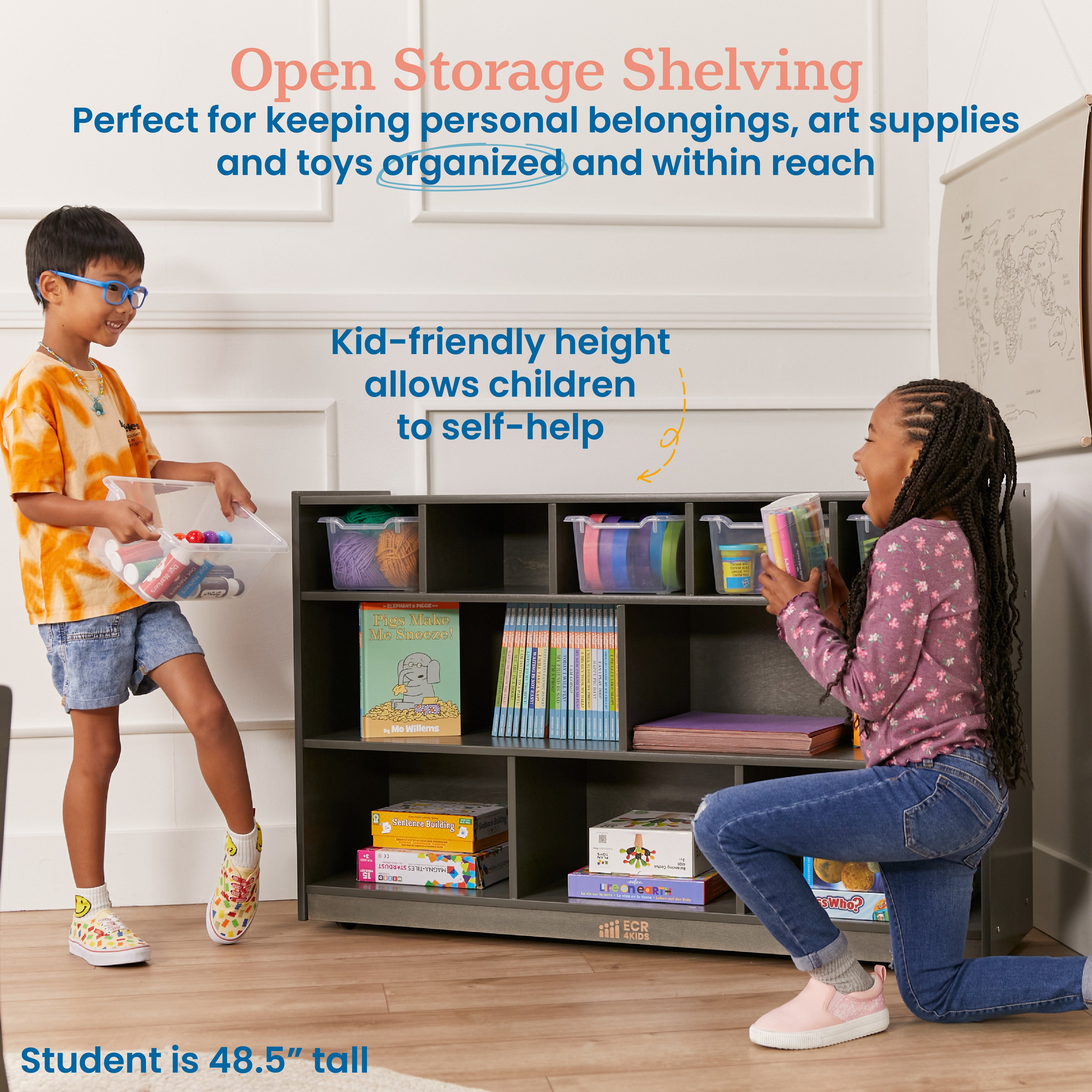 5+5 Mobile Storage and Tray Cabinet with 5 Scoop Front Bins, Grey Wash, Classroom Furniture