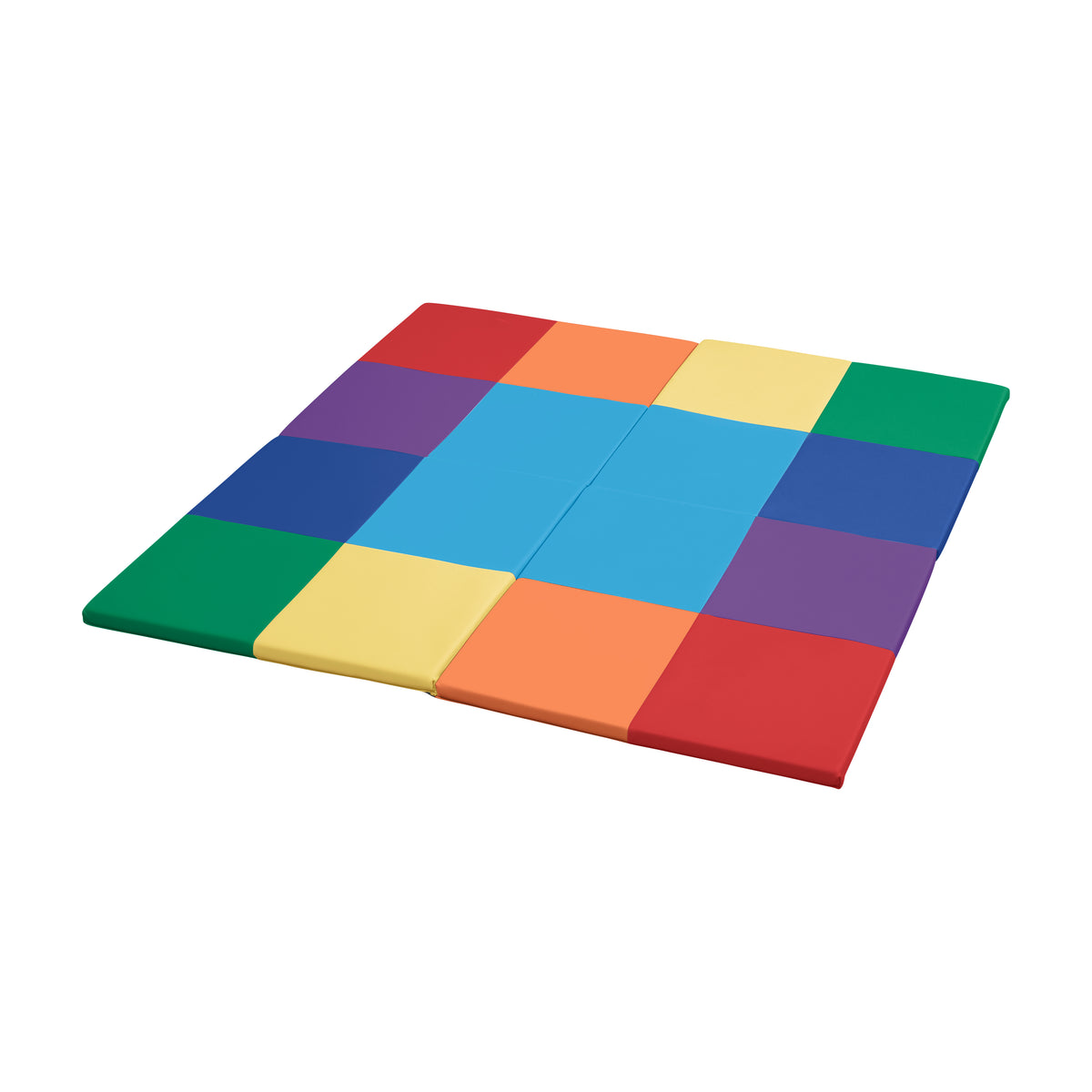 Colorful foam play mat with interlocking tiles in red, blue, yellow, green, purple, and orange arranged in a grid pattern.