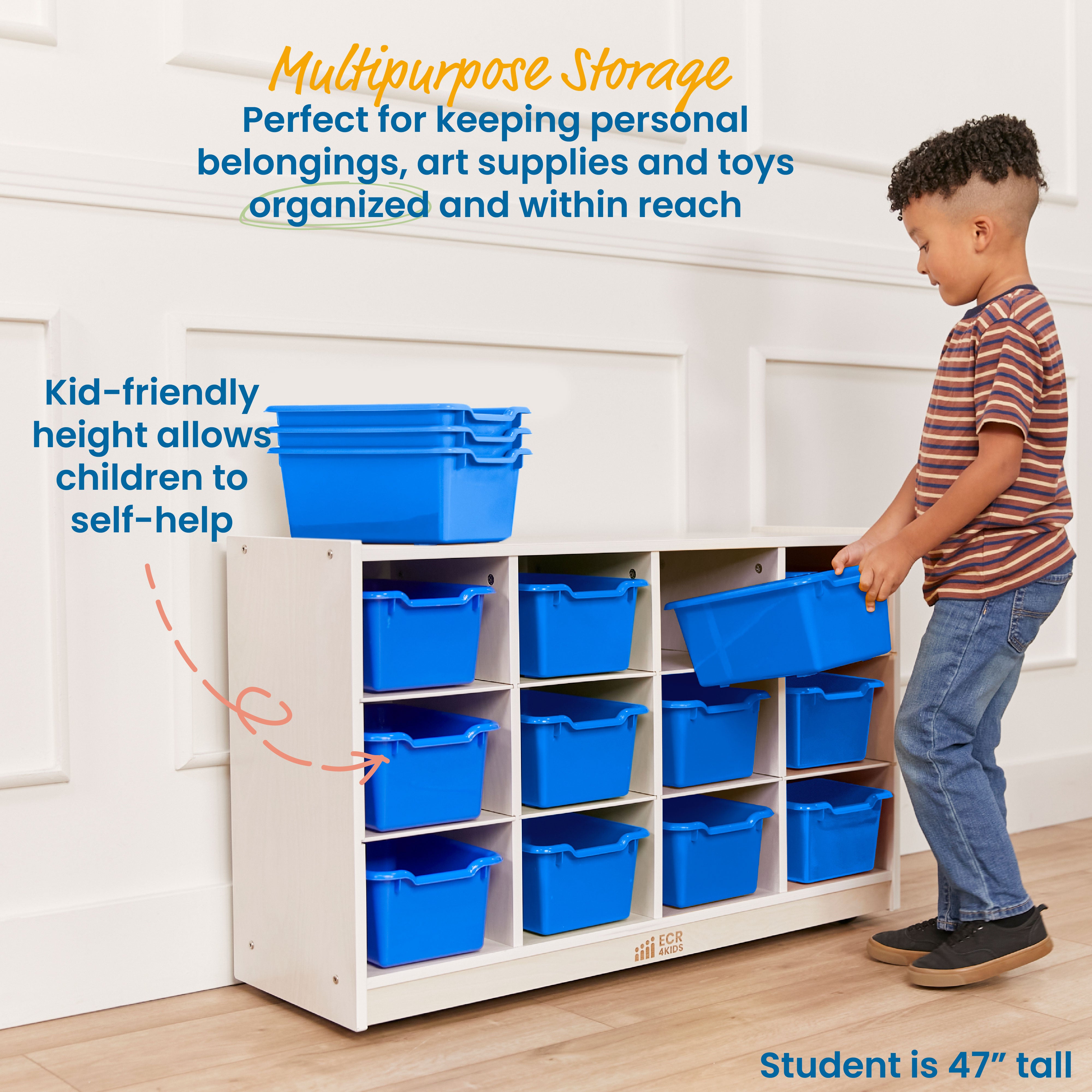 12 Cubby Mobile Tray Cabinet with 15 Scoop Front Storage Bins, 3x4, White Wash