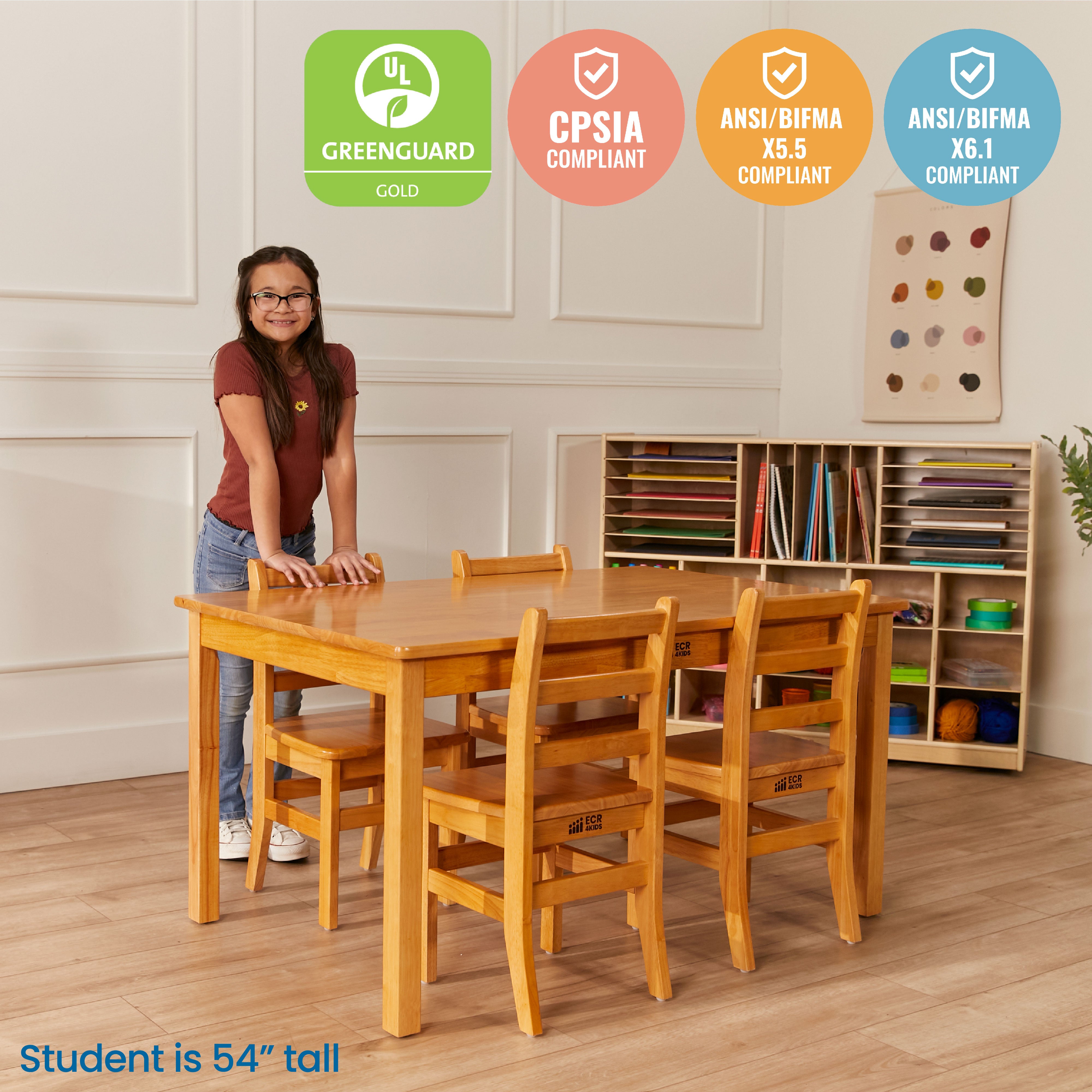 30in x 48in Rectangular Hardwood Table with 24in Legs and Four 14in Chairs, 5-Piece