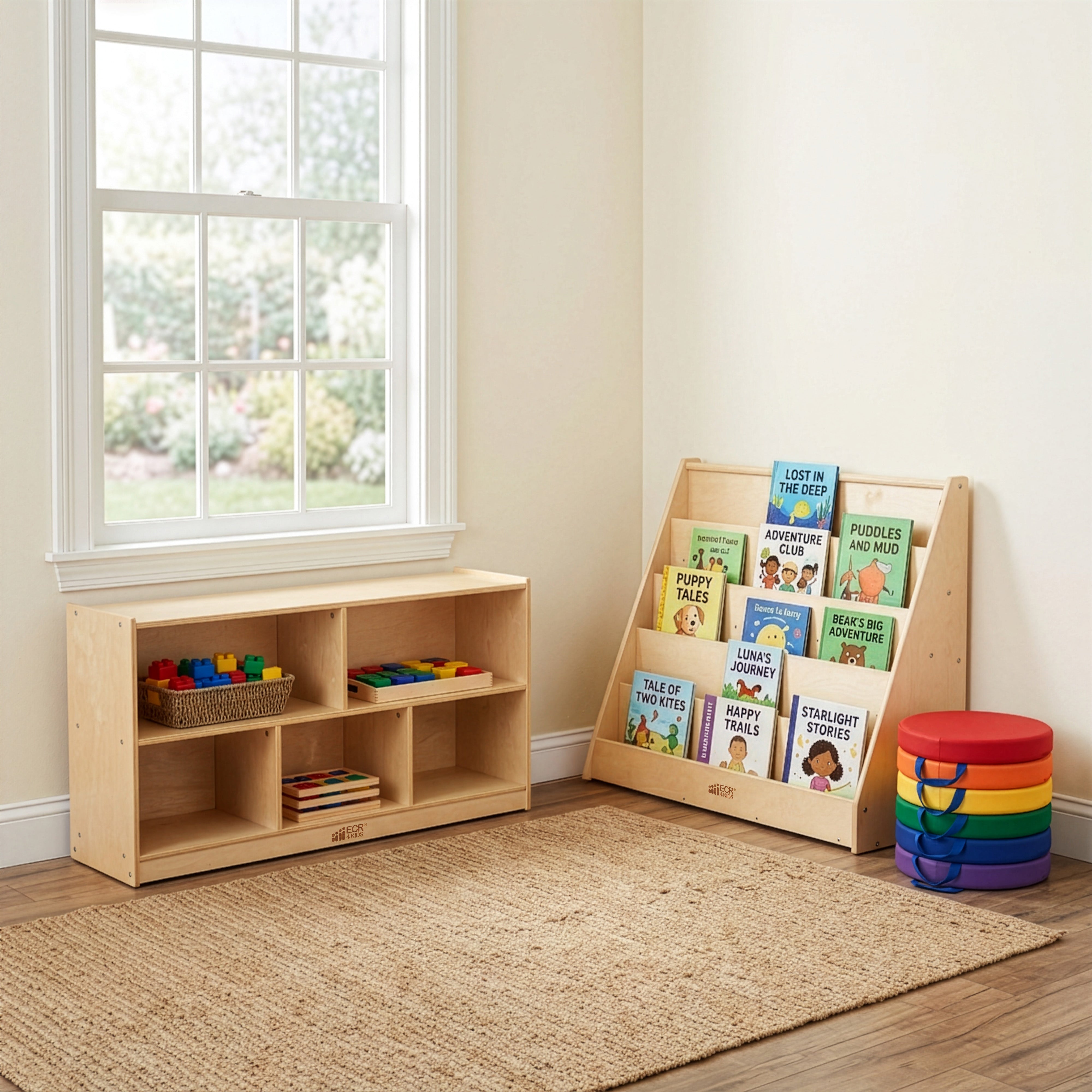 Preschool Cozy Reading Corner Package with Book Display, Storage Cabinet and Floor Cushions