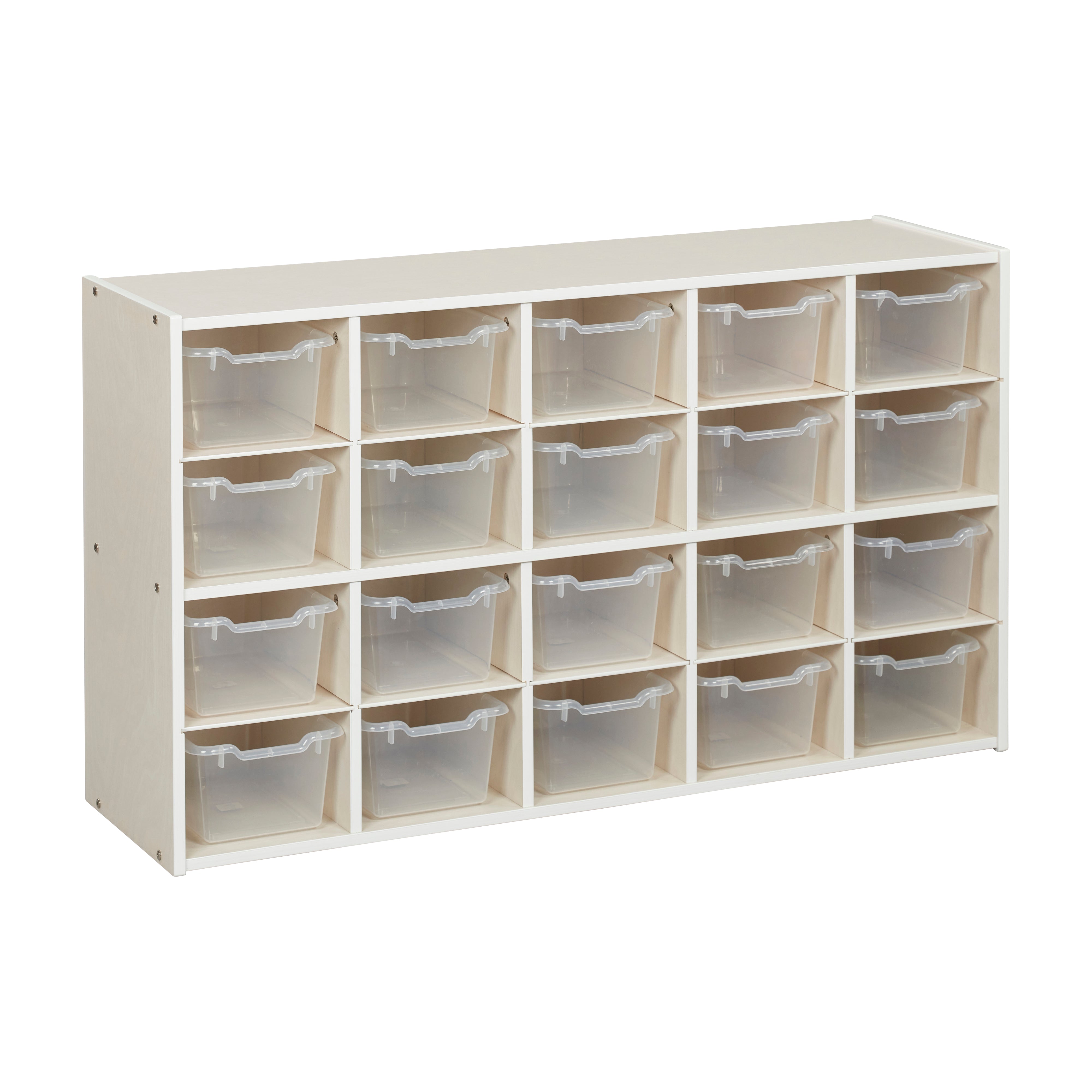 Streamline 20 Cubby Tray Storage Cabinet with 20 Scoop Front Storage Bins, 4x5, White Wash