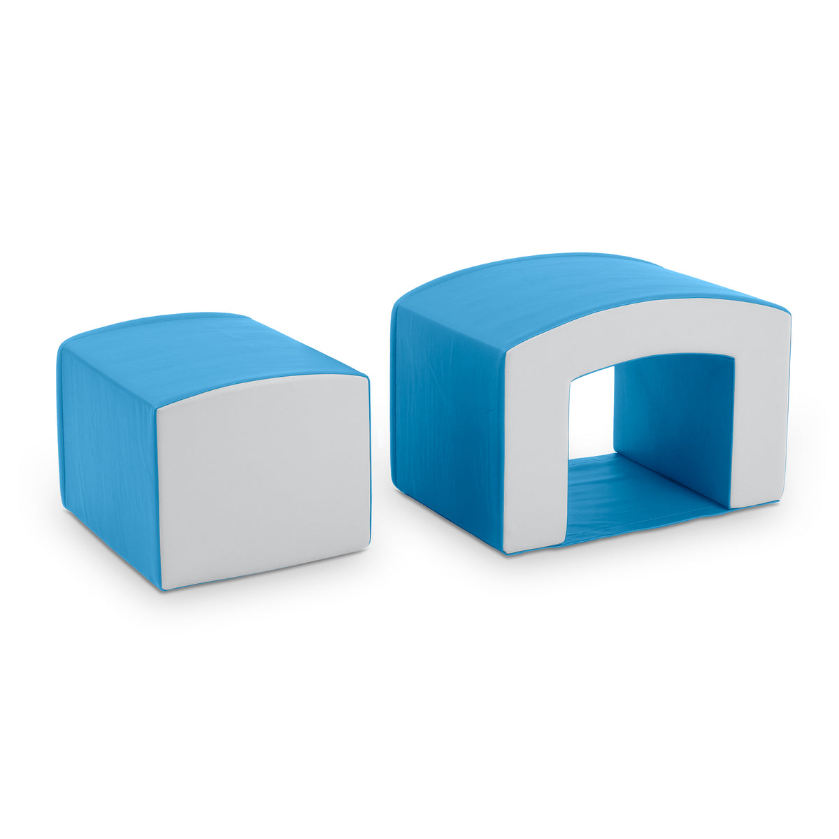 Two-piece blue and white foam climbing structure with tunnel and curved bump sections for children.