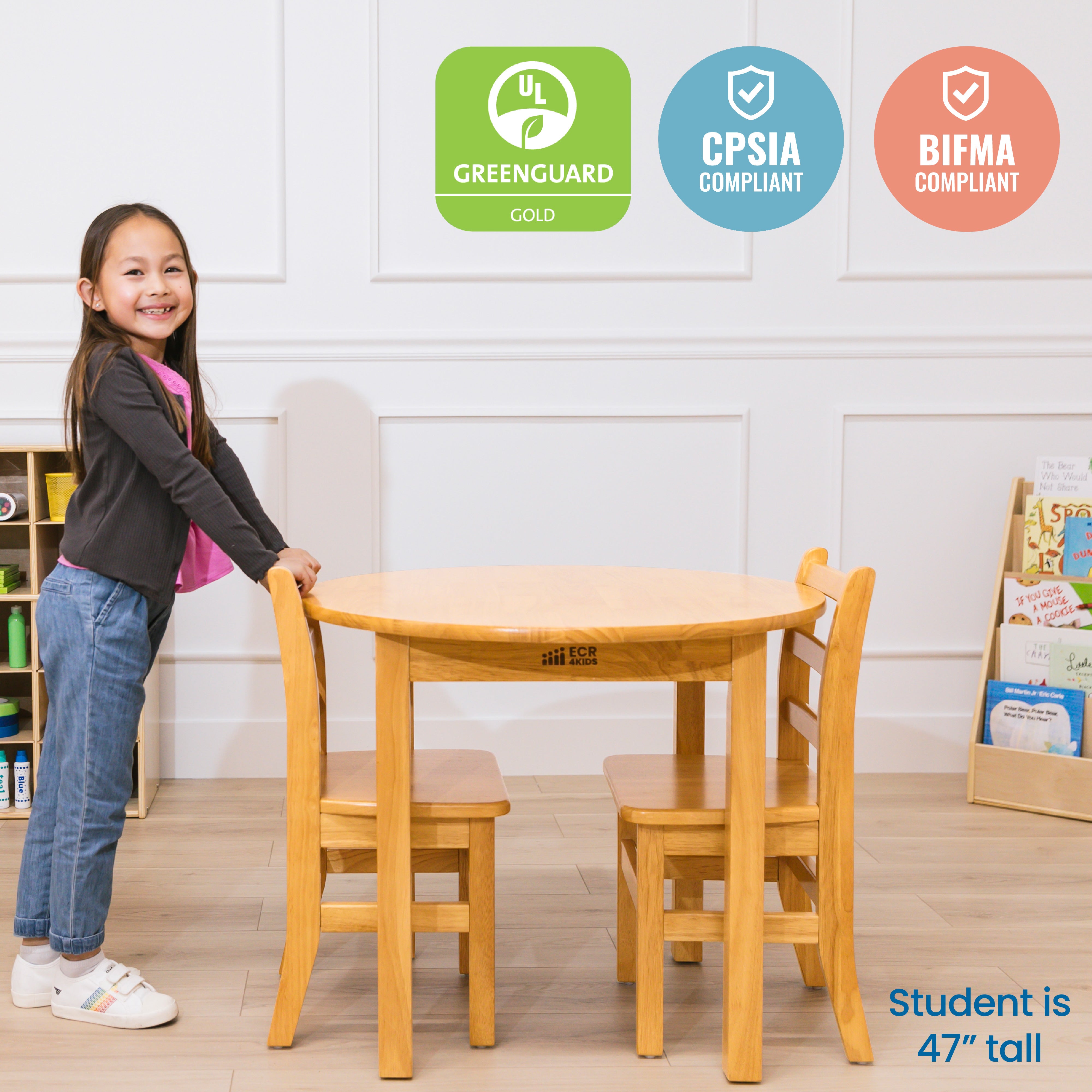 30in D Round Hardwood Table with 24in Legs and Two 14in Chairs, 3-Piece