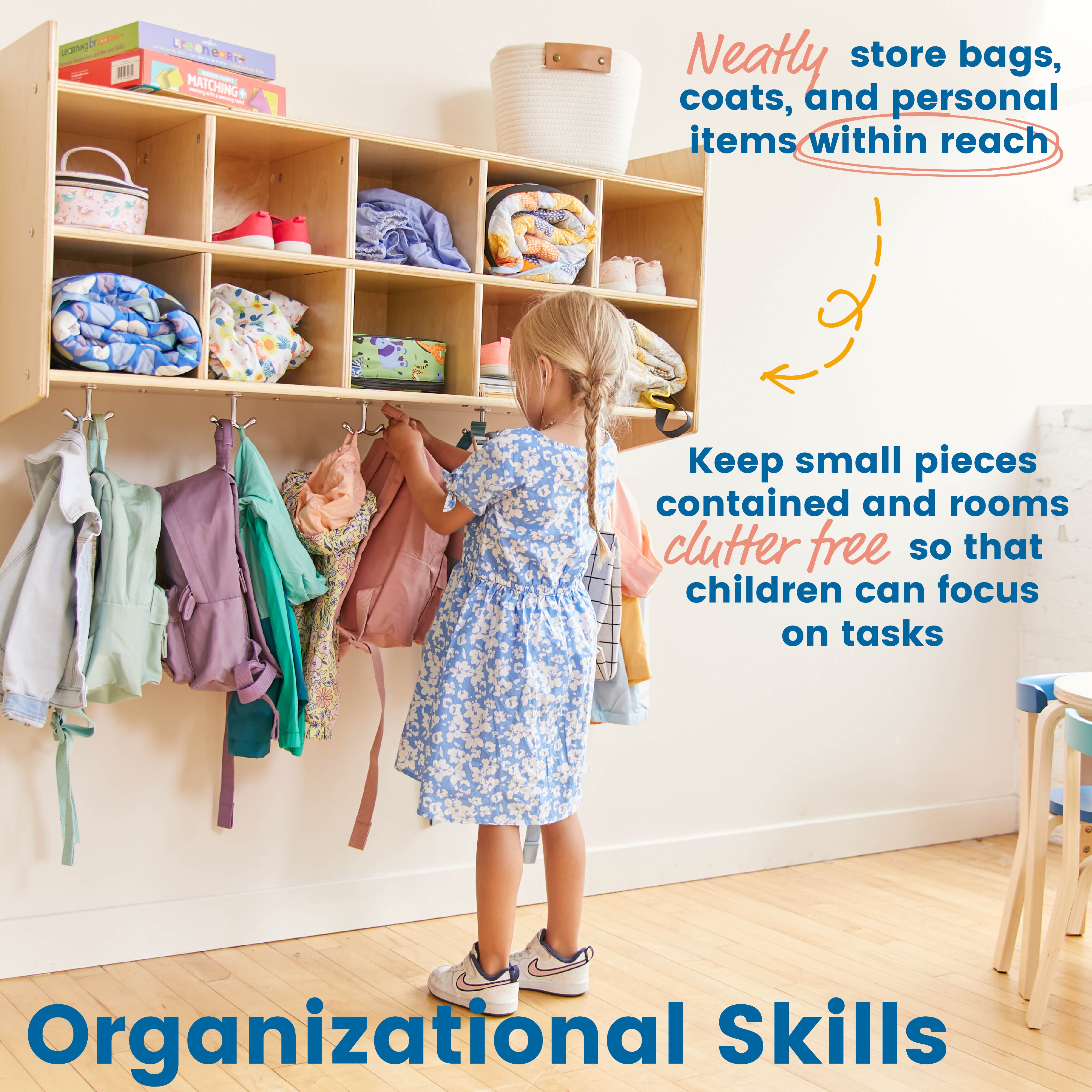 10-Section Hanging Coat Locker with Shelf and Scoop Front Storage Bins, Natural