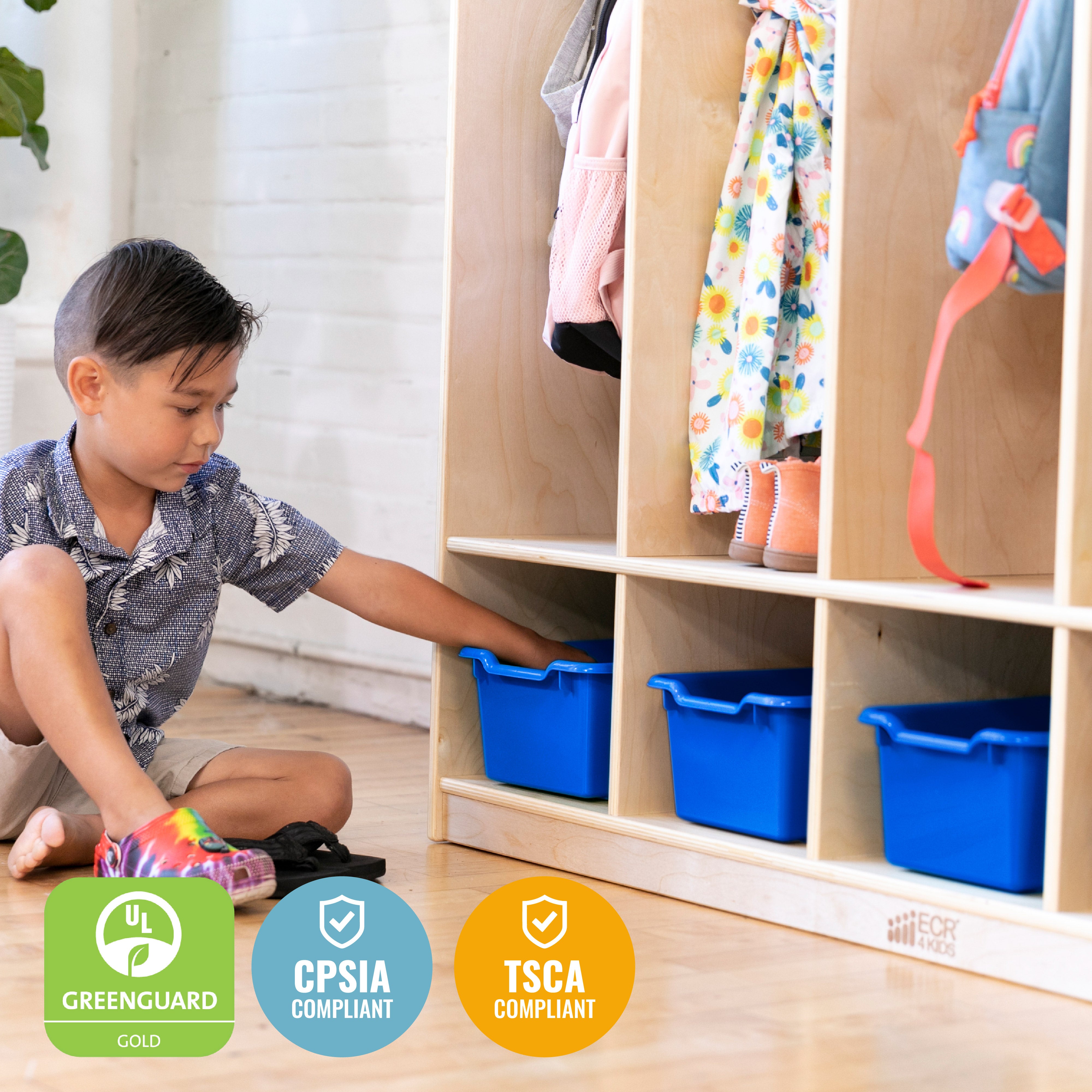 5-Section Coat Locker and Scoop Front Storage Bins, Natural