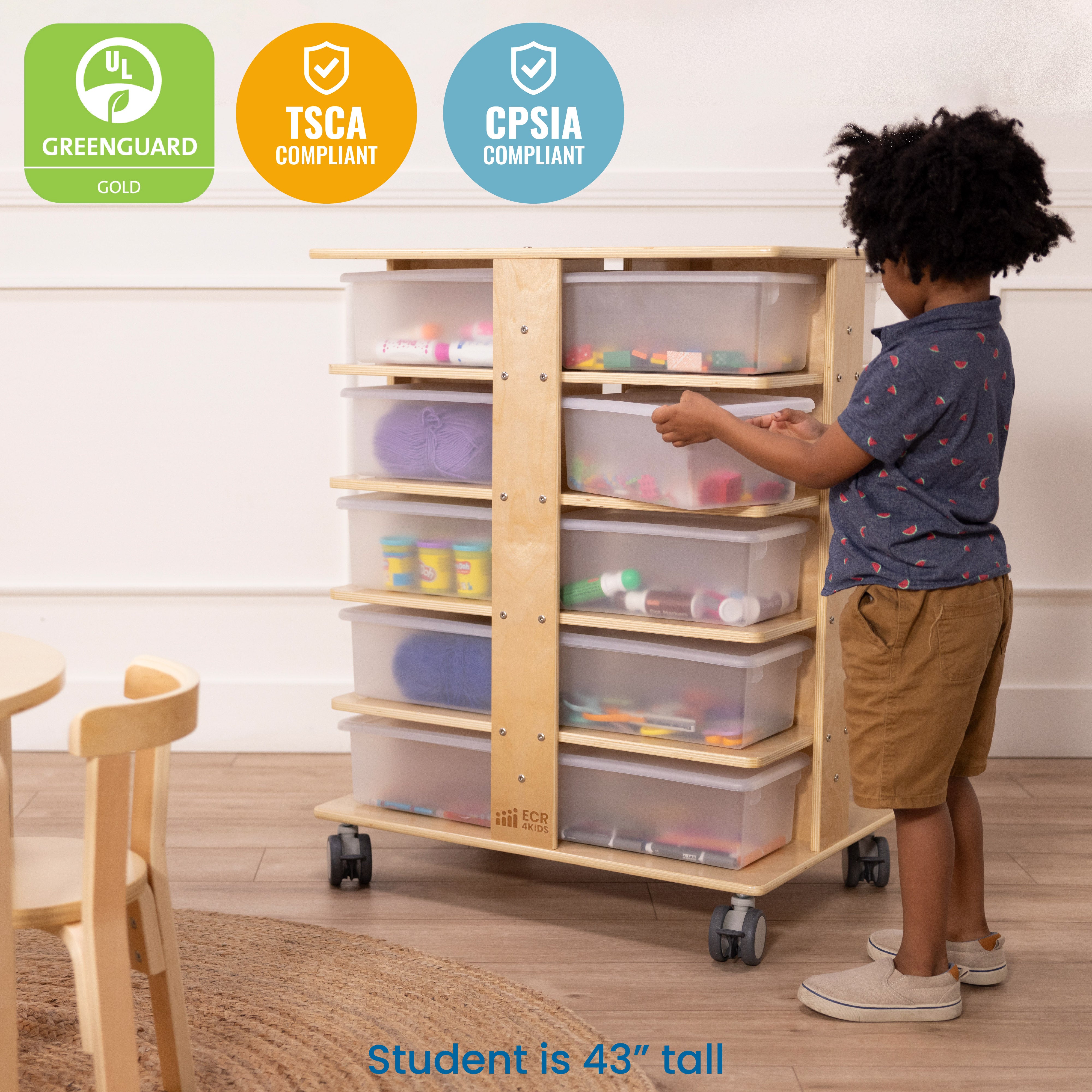 20-Compartment Mobile Storage Tower with Cubby Bins with Lids, 5x4, Natural