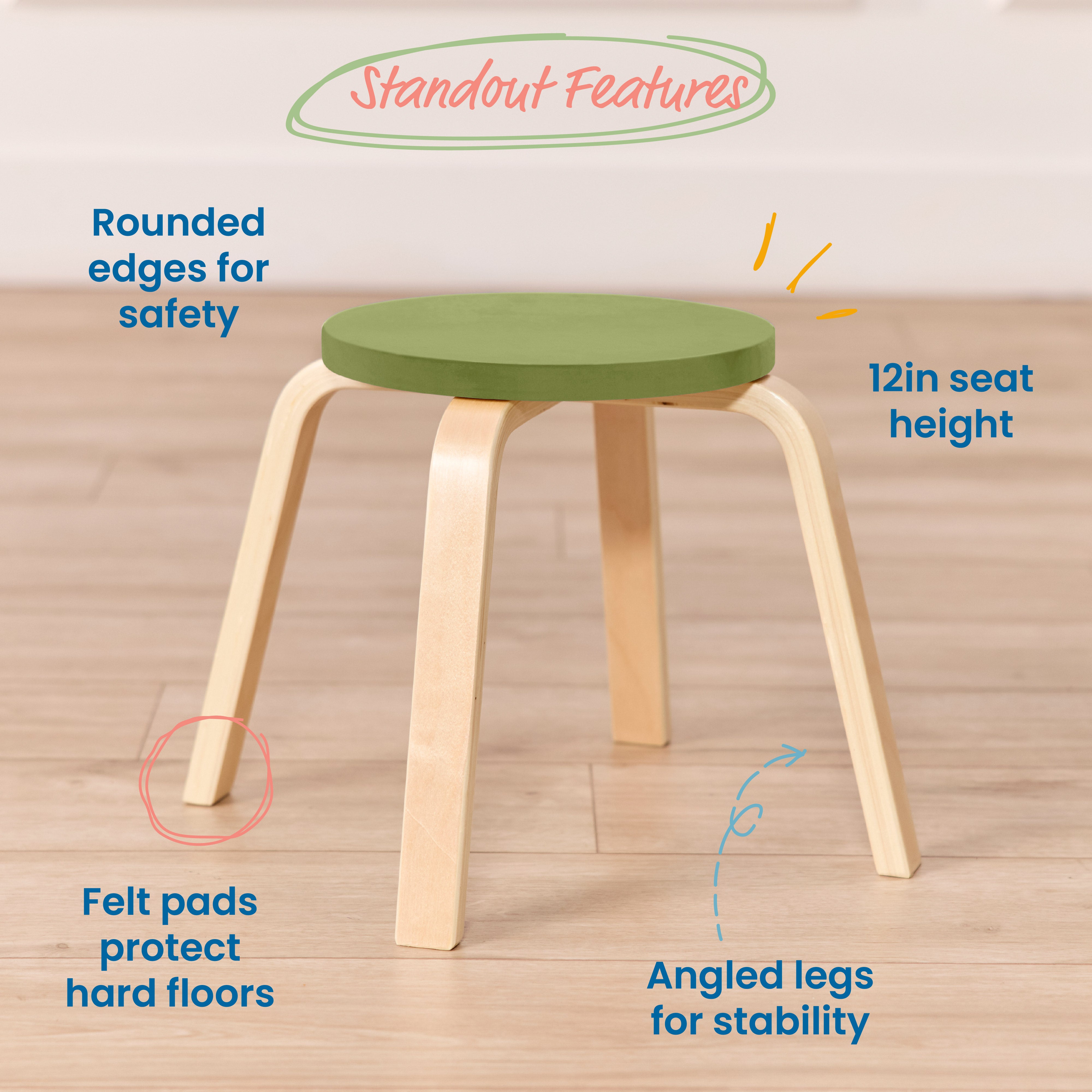 Bentwood Stackable Stools, 12in Seat Height, 6-Piece