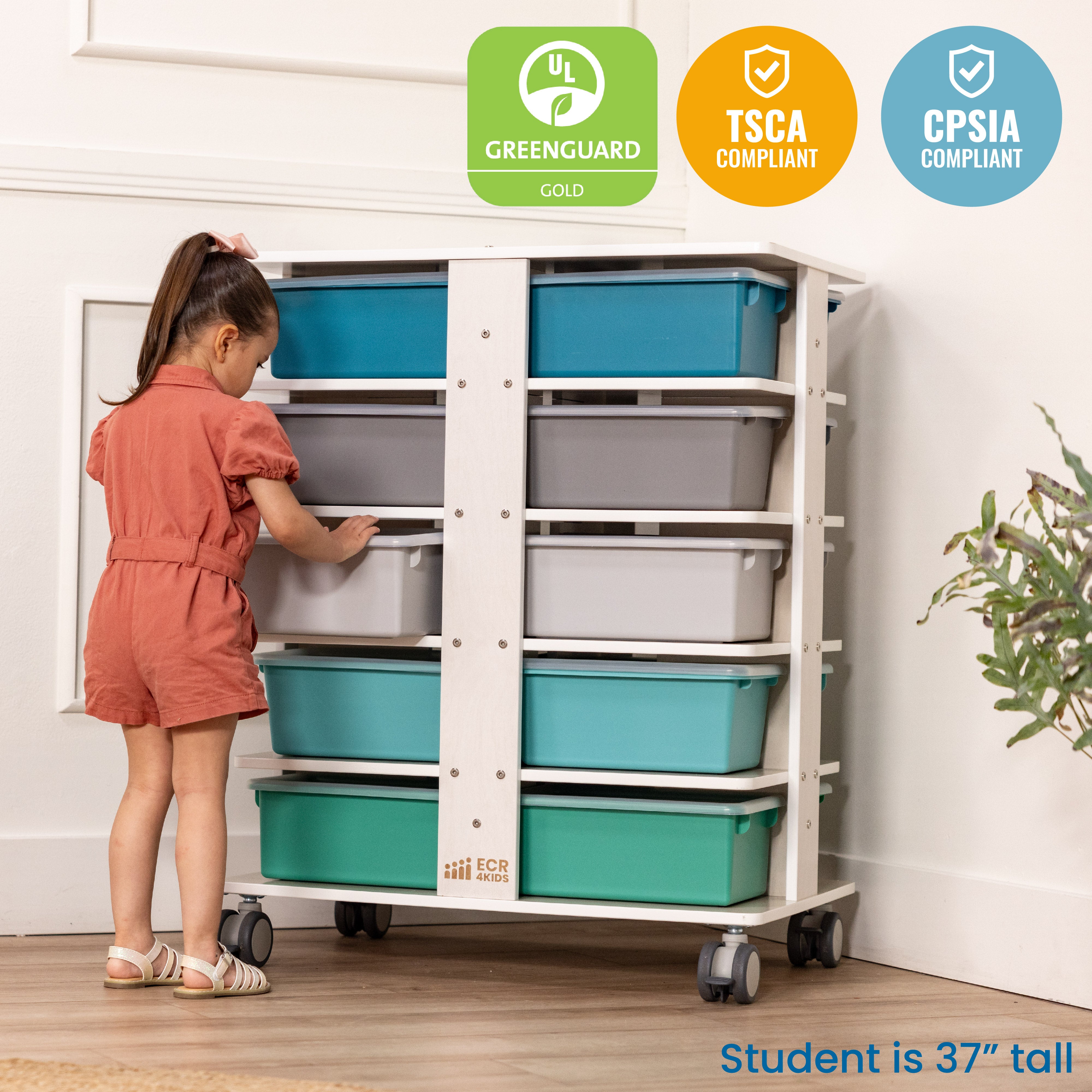 20-Compartment Mobile Storage Tower with Cubby Bins with Lids, 5x4, White Wash, Classroom Furniture
