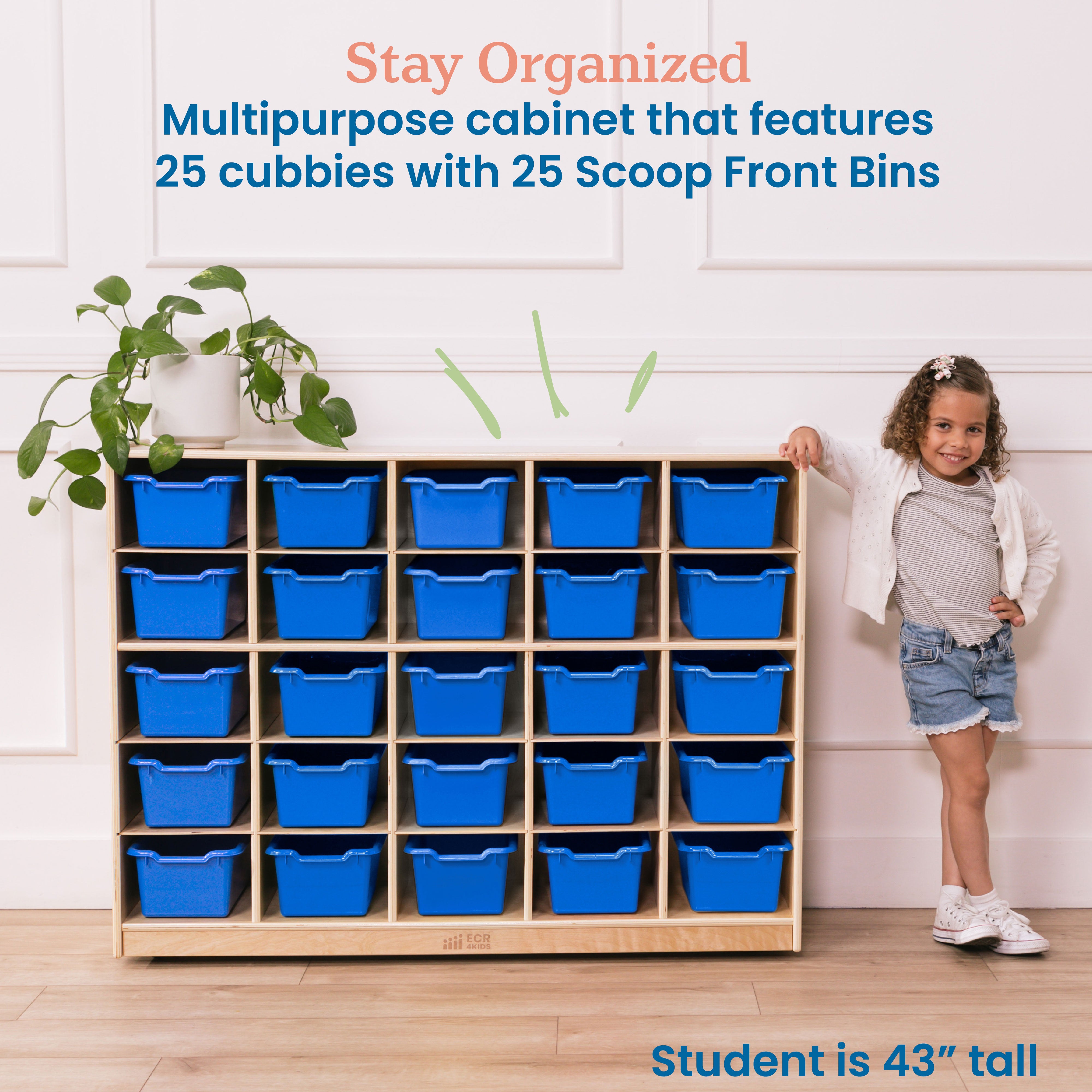25 Cubby Mobile Tray Cabinet with Scoop Front Storage Bins, Natural, Classroom Furniture