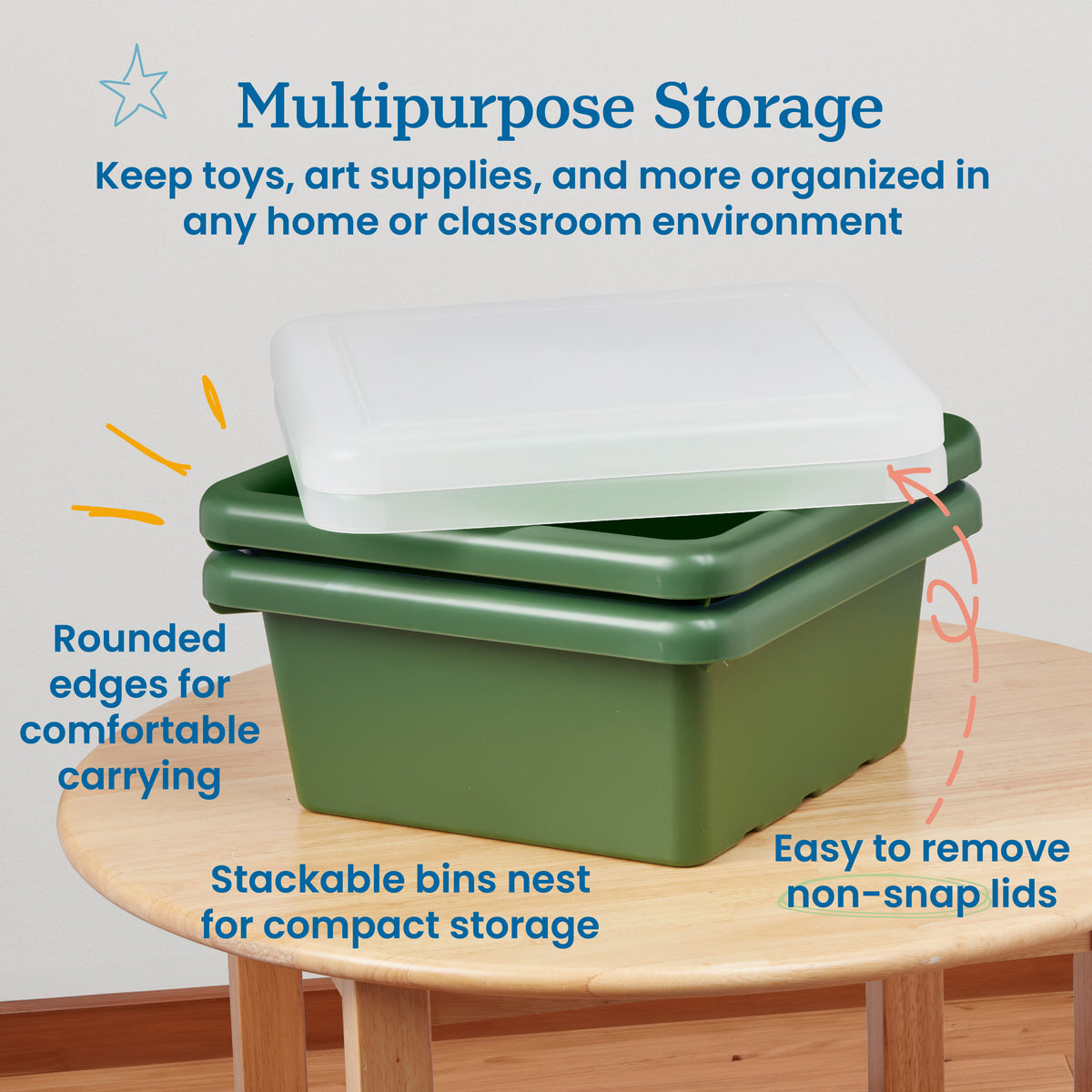 Stackable Square Bins with Non-Snap Lids, 2-Pack