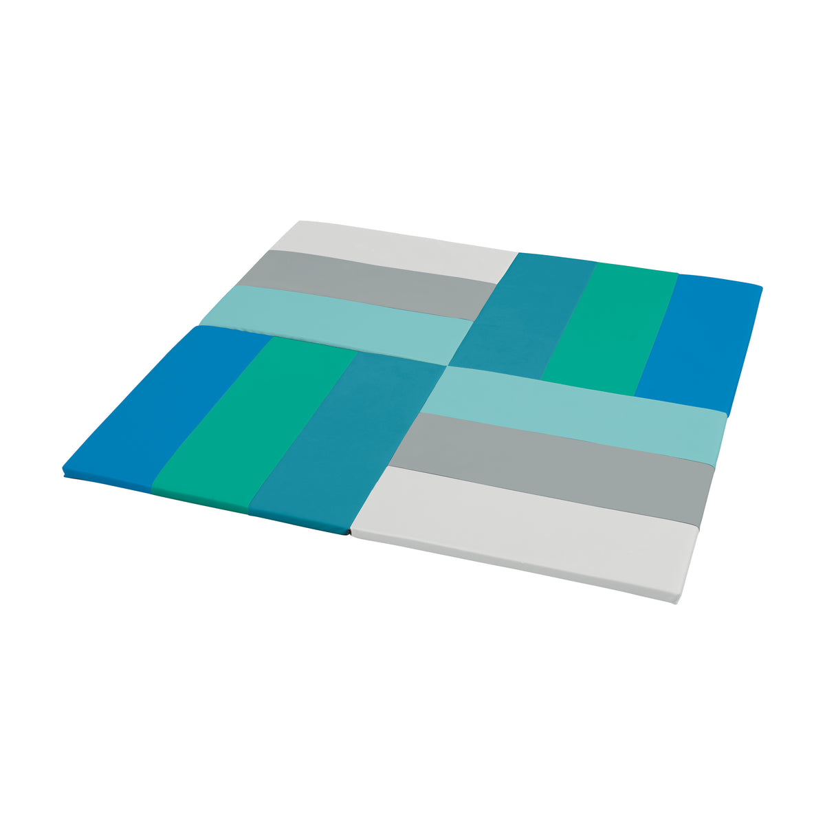 Foldable play mat with colored tiles in blue, green, teal, and gray arranged in a grid pattern.