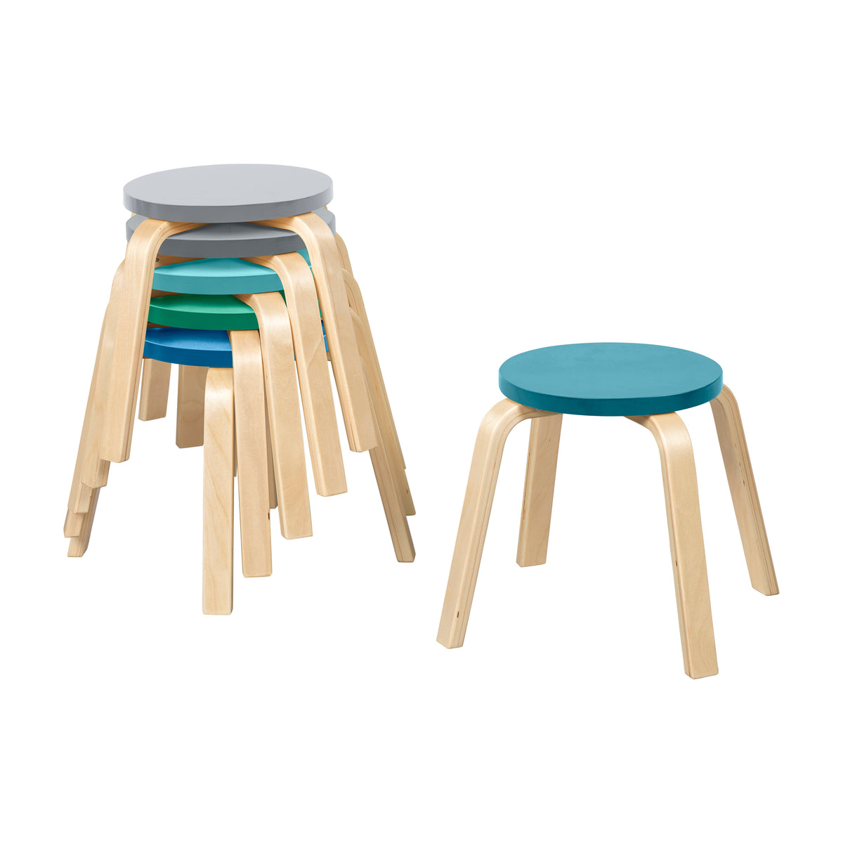 Six bentwood stools with colored seats stacked and displayed individually, featuring curved wooden legs and round padded tops
