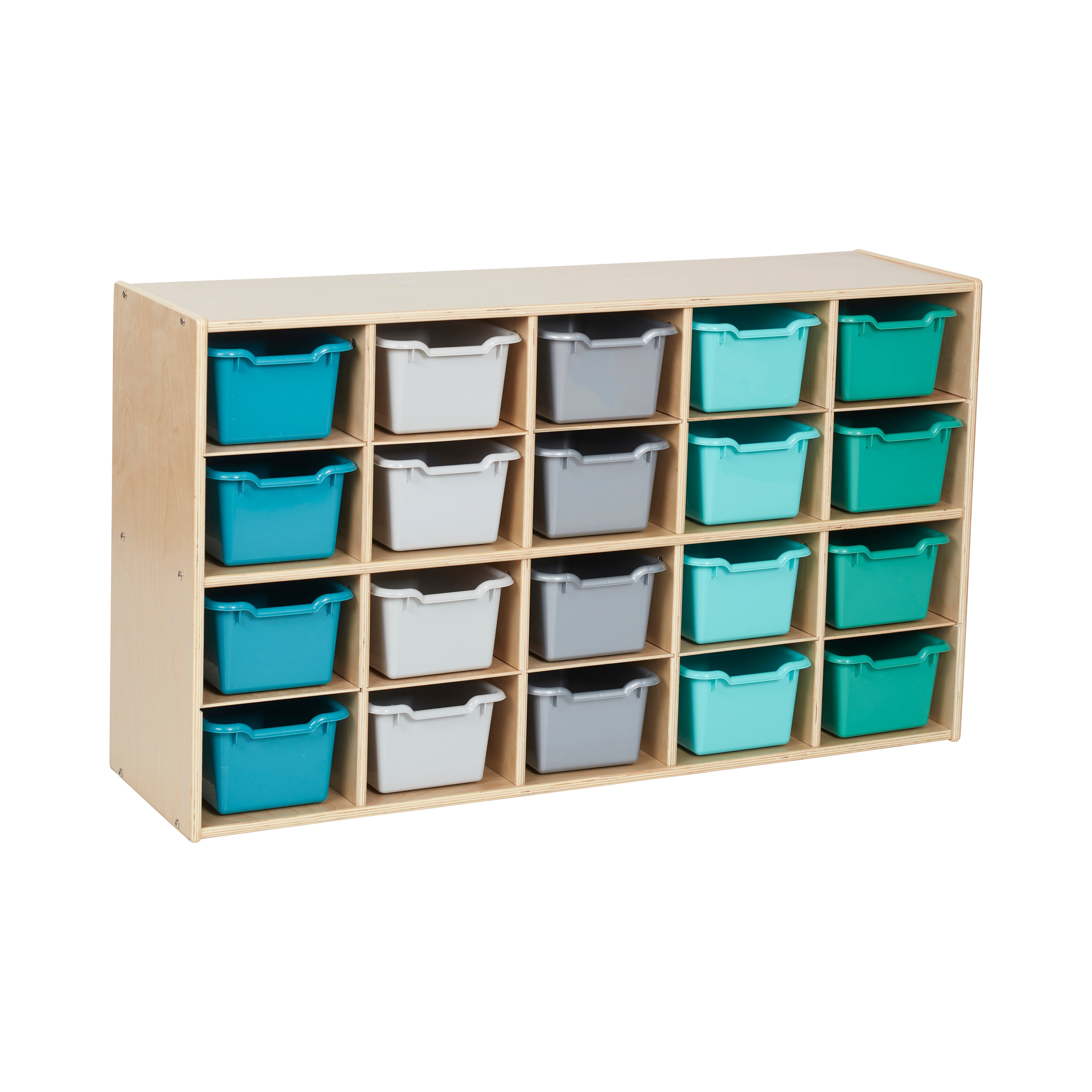 Streamline 20 Cubby Tray Storage Cabinet with 20 Scoop Front Storage Bins, 4x5, Natural