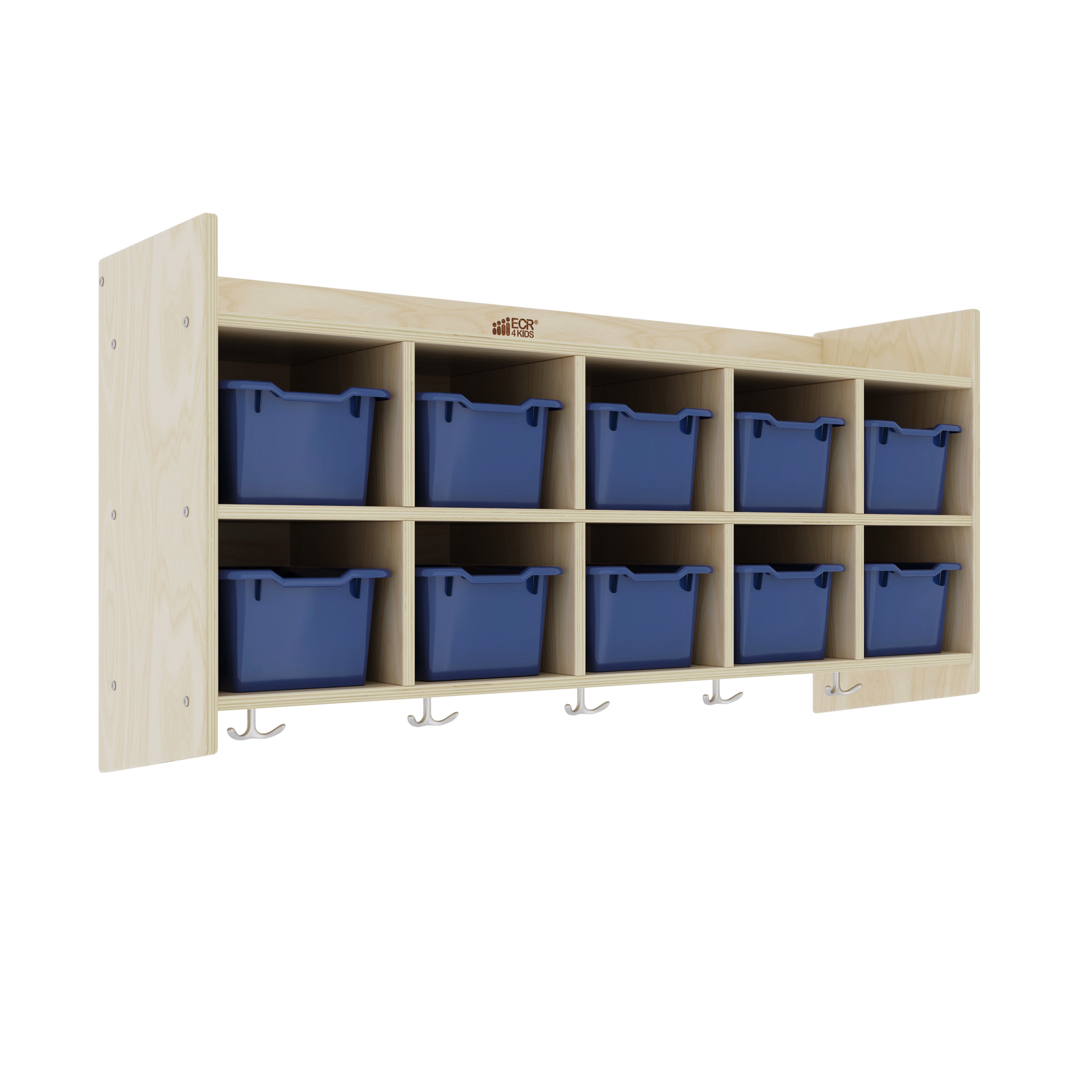 10-Section Hanging Coat Locker with Shelf and Scoop Front Storage Bins, Natural