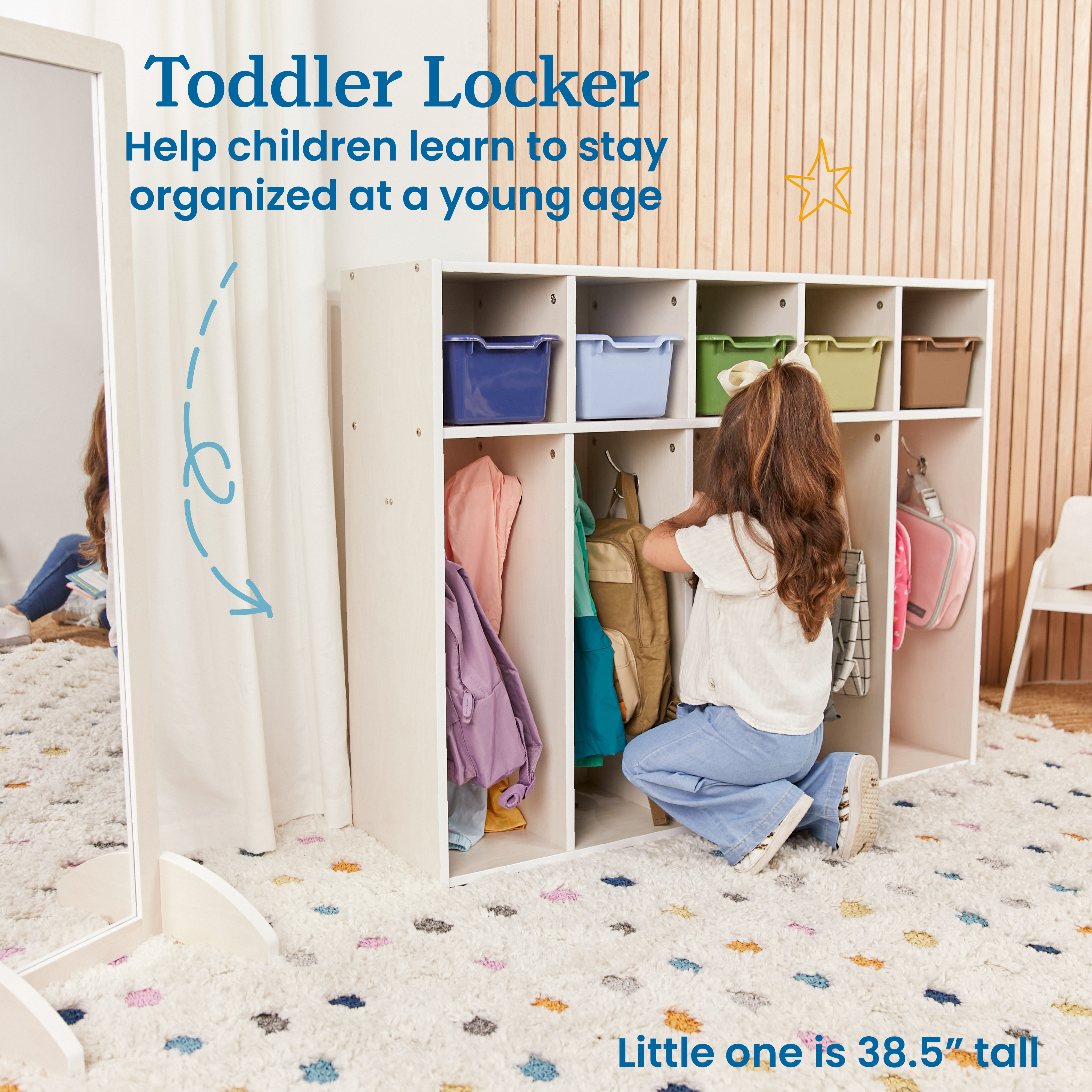 Streamline 5-Section Coat Locker with Scoop Front Storage Bins, Toddler Size, White Wash