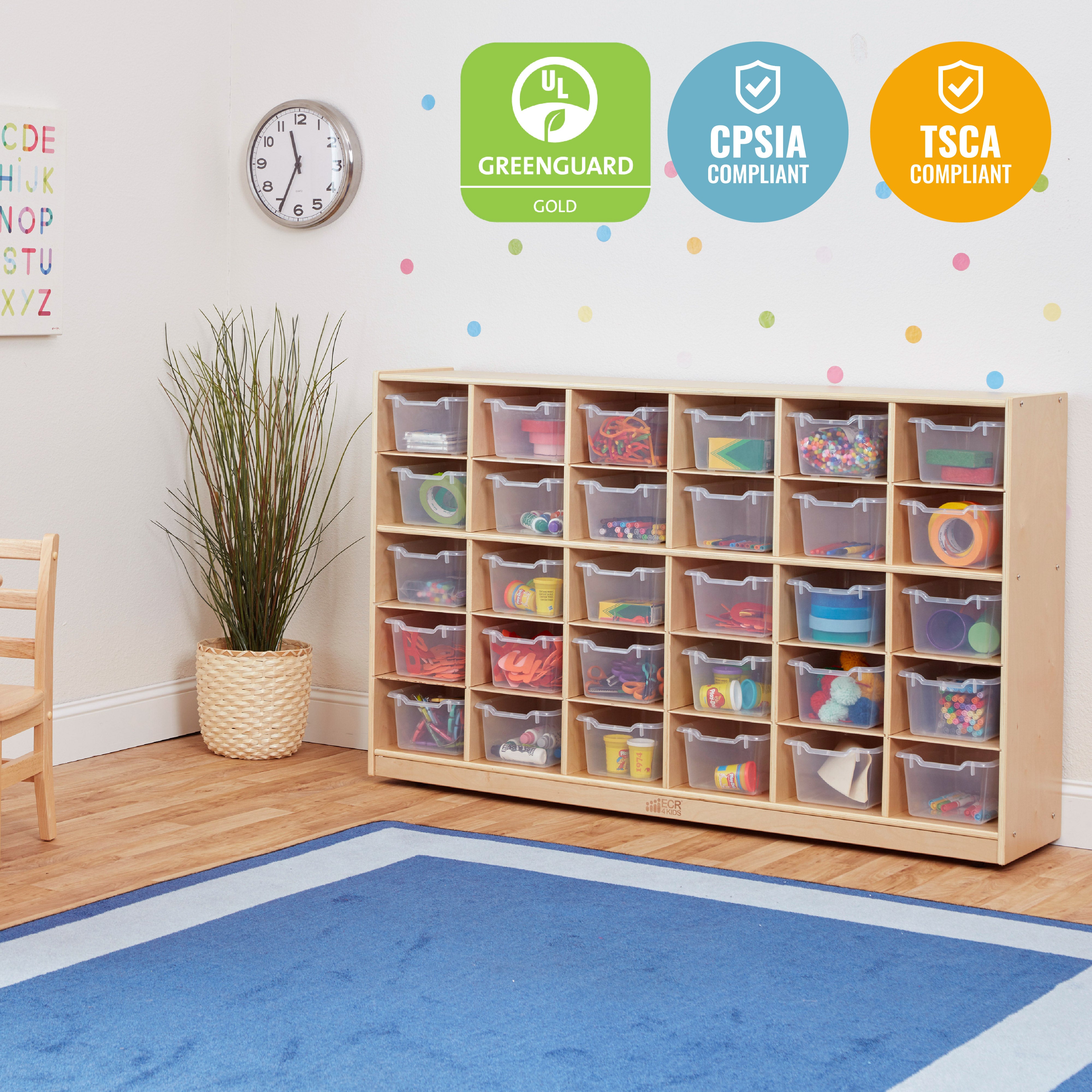 30 Cubby Mobile Tray Cabinet with 30 Scoop Front Storage Bins, 5x6, Natural