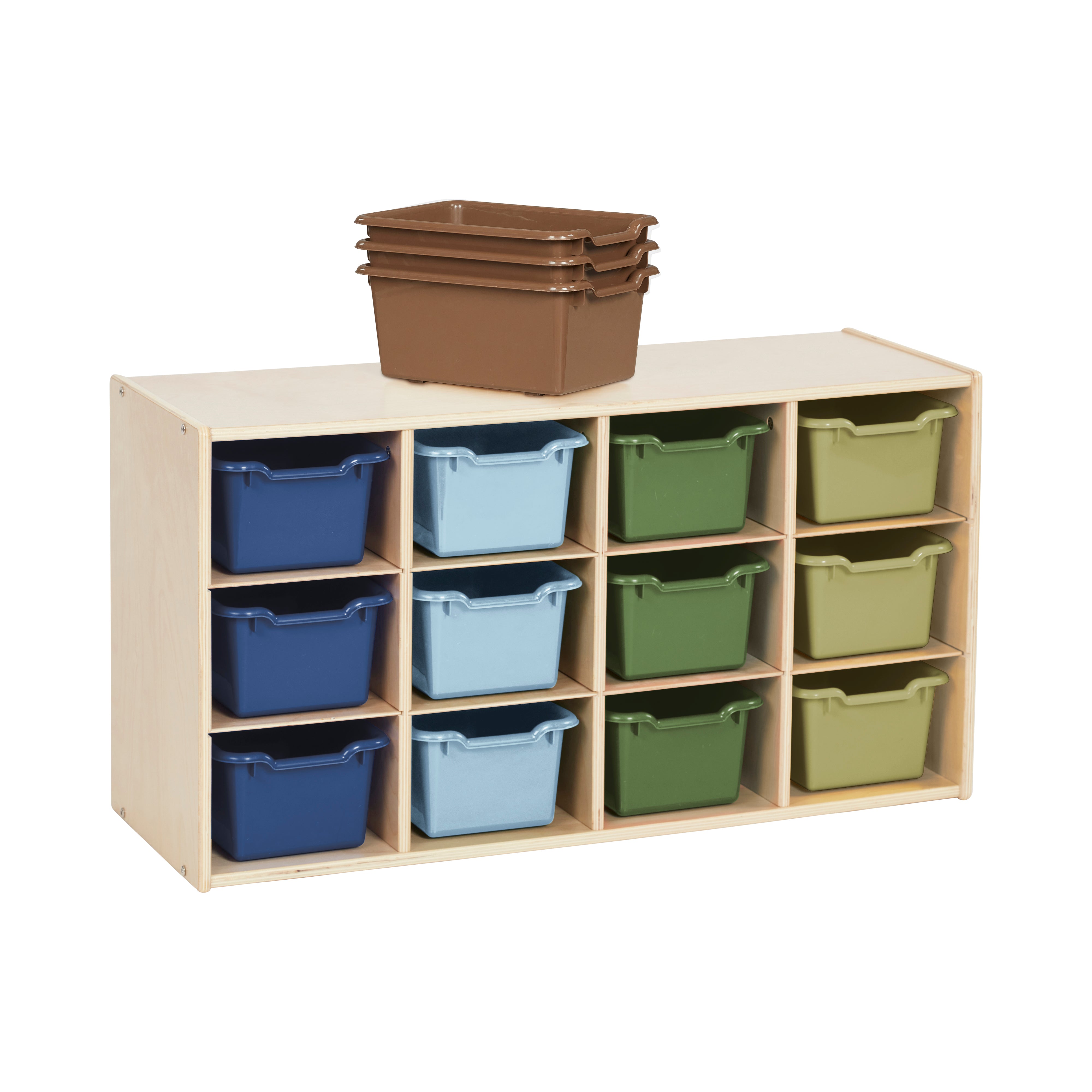 Streamline 12 Cubby Tray Cabinet with 15 Scoop Front Storage Bins, 3x4, Natural